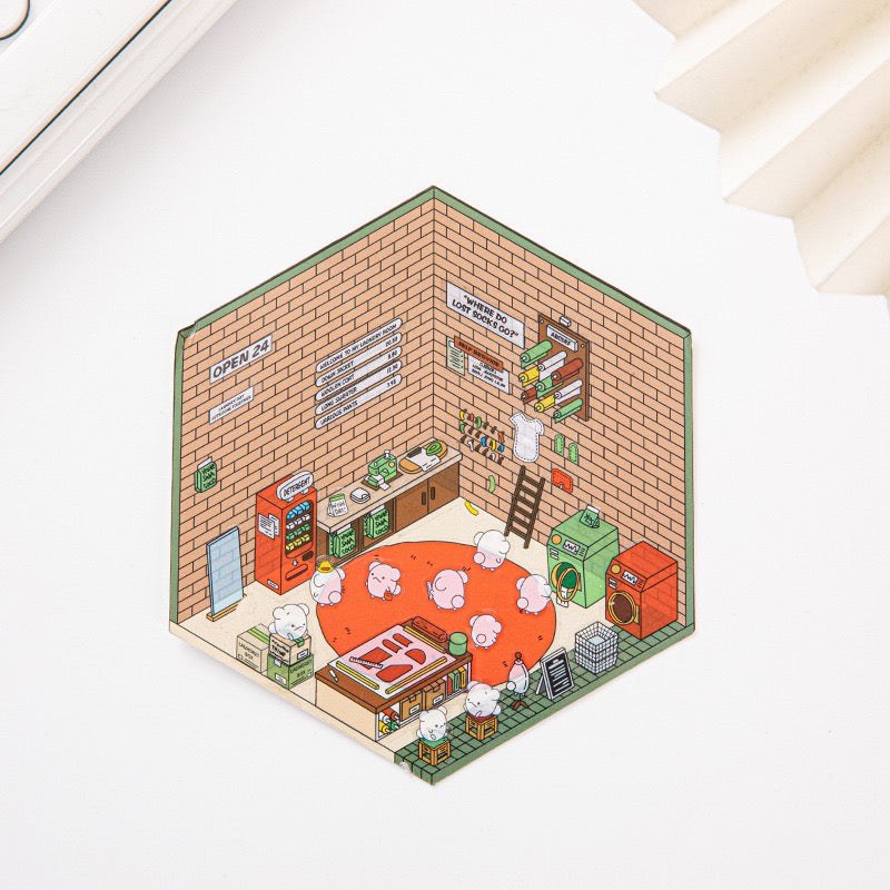 Laundrette- 3D Scene Stickers | DIY Mini Room Strickers | Collectible Sticker Book Kit | Fun Scenery Stickers