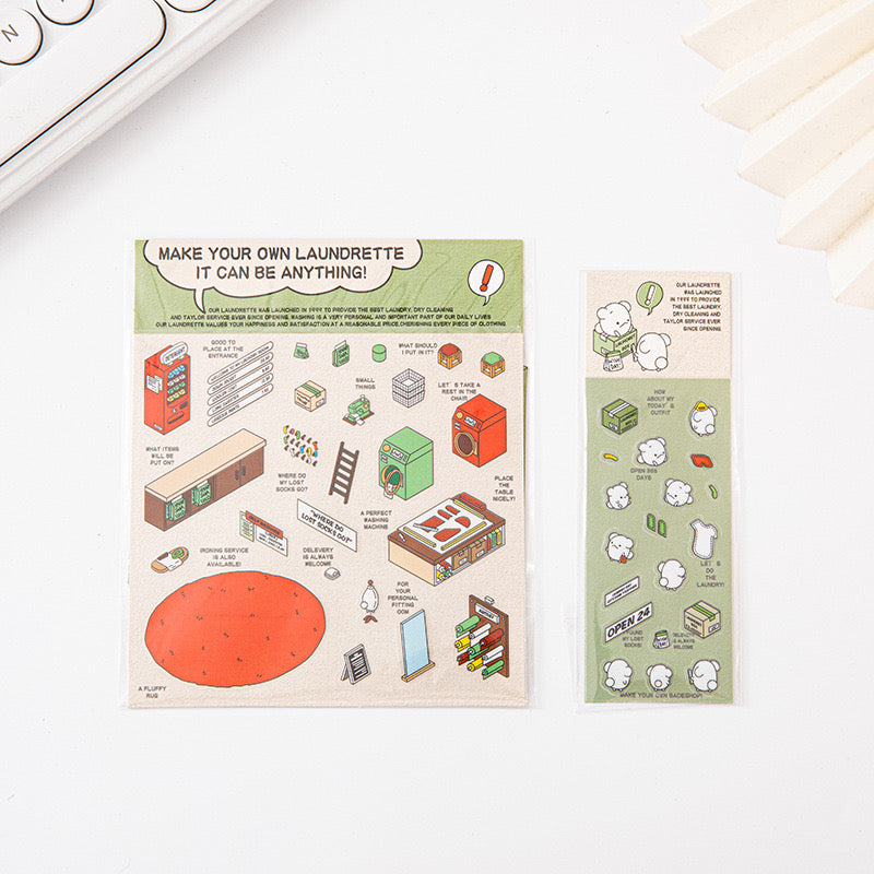 Laundrette- 3D Scene Stickers | DIY Mini Room Strickers | Collectible Sticker Book Kit | Fun Scenery Stickers