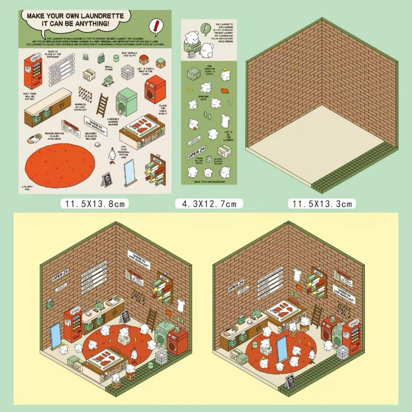 Laundrette- 3D Scene Stickers | DIY Mini Room Strickers | Collectible Sticker Book Kit | Fun Scenery Stickers