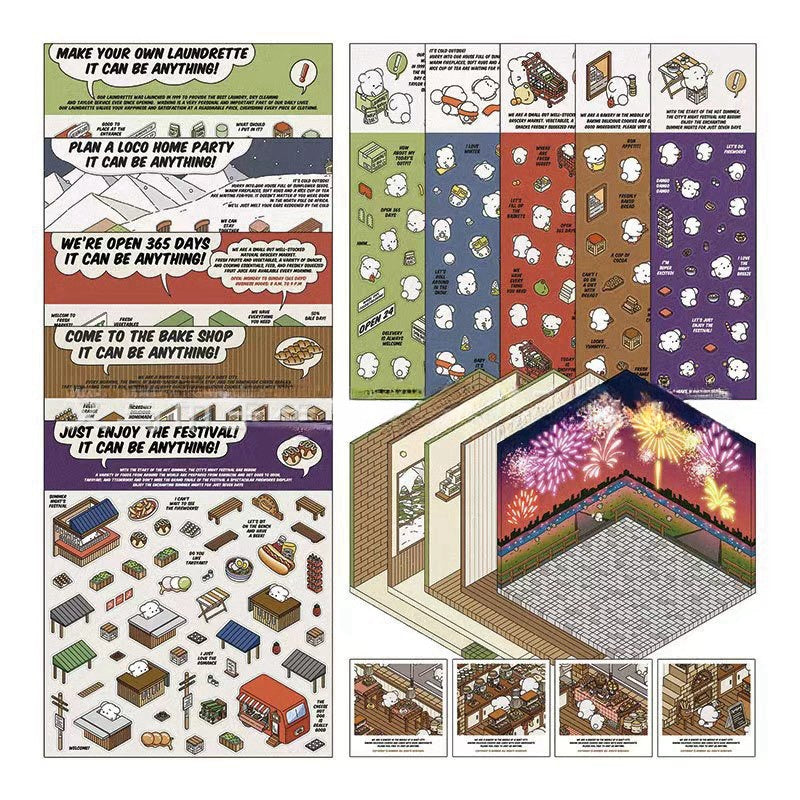 Laundrette- 3D Scene Stickers | DIY Mini Room Strickers | Collectible Sticker Book Kit | Fun Scenery Stickers