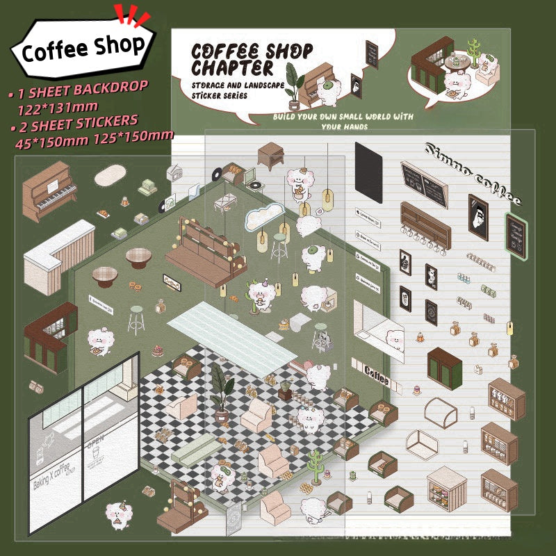 Coffee Shop - 3D Scene Stickers | DIY Mini Room Strickers | Collectible Sticker Book Kit | Fun Scenery Stickers
