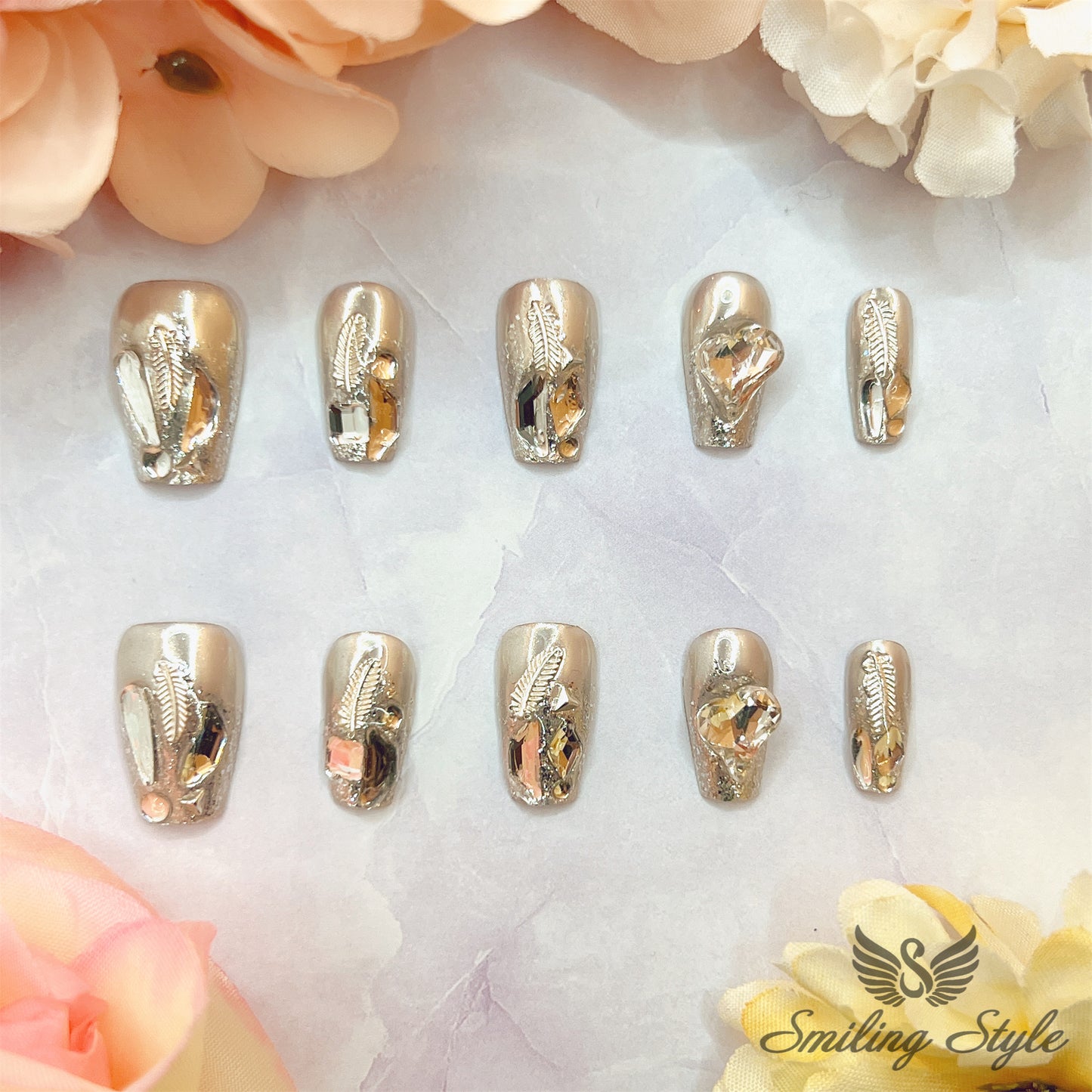 Silver Foggy Night Press On Nails by SMILINGSTYLE | Luxury Fake Nails | Reusable Nails | Handmade Nails