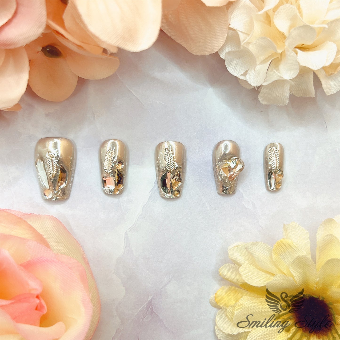 Silver Foggy Night Press On Nails by SMILINGSTYLE | Luxury Fake Nails | Reusable Nails | Handmade Nails