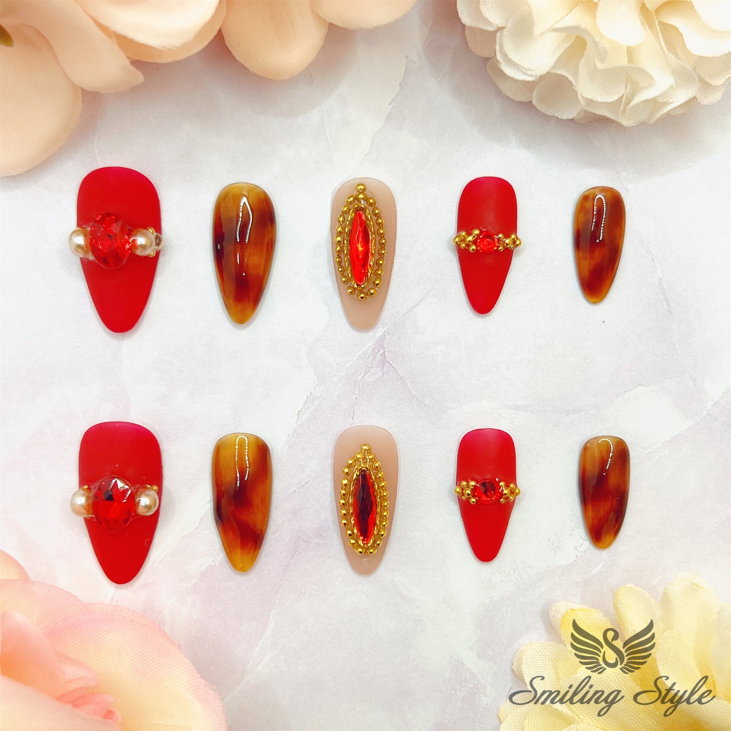 Charming Ruby Love Press On Nails by SMILINGSTYLE | Luxury Fake Nails | Reusable Nails | Handmade Nails