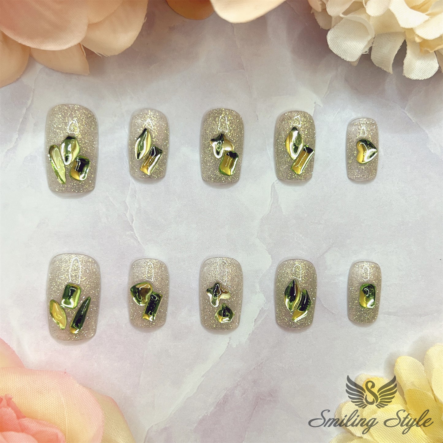 Green Grass Diamond Tears Press On Nails by SMILINGSTYLE | Luxury Fake Nails | Reusable Nails | Handmade Nails