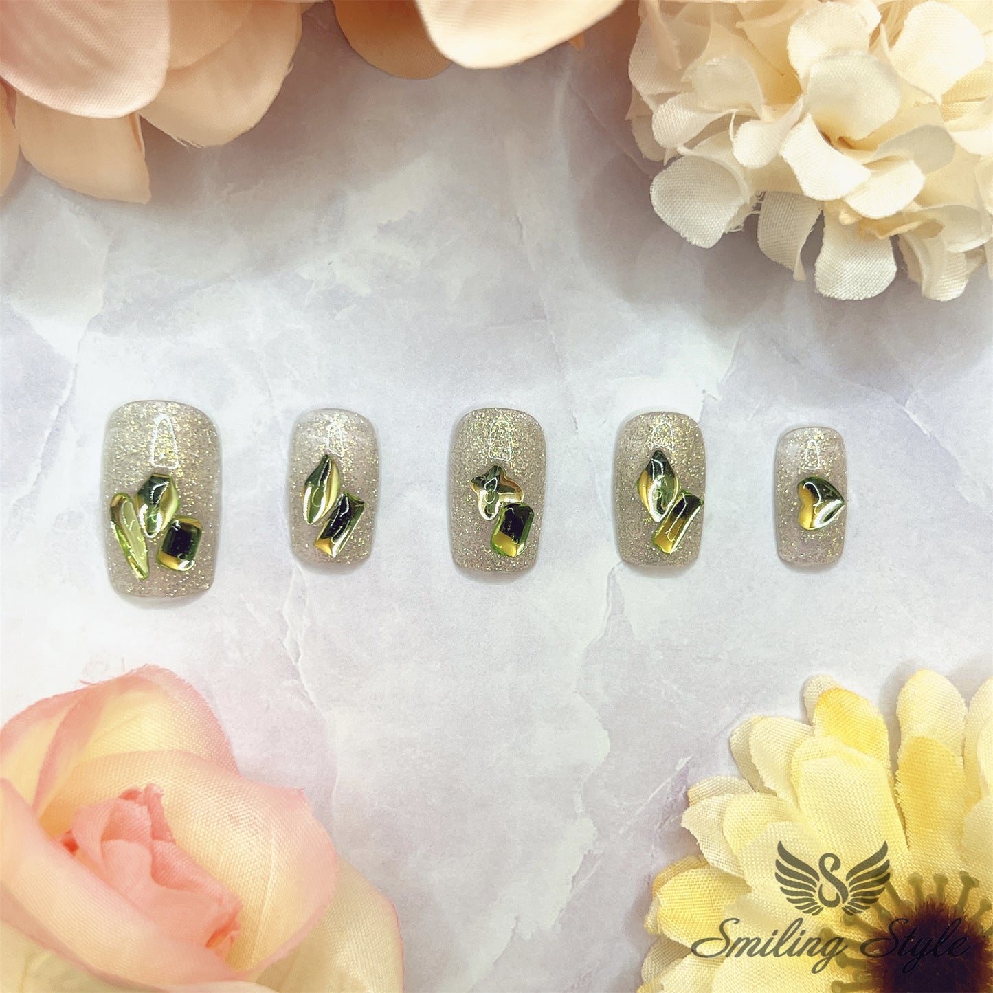 Green Grass Diamond Tears Press On Nails by SMILINGSTYLE | Luxury Fake Nails | Reusable Nails | Handmade Nails