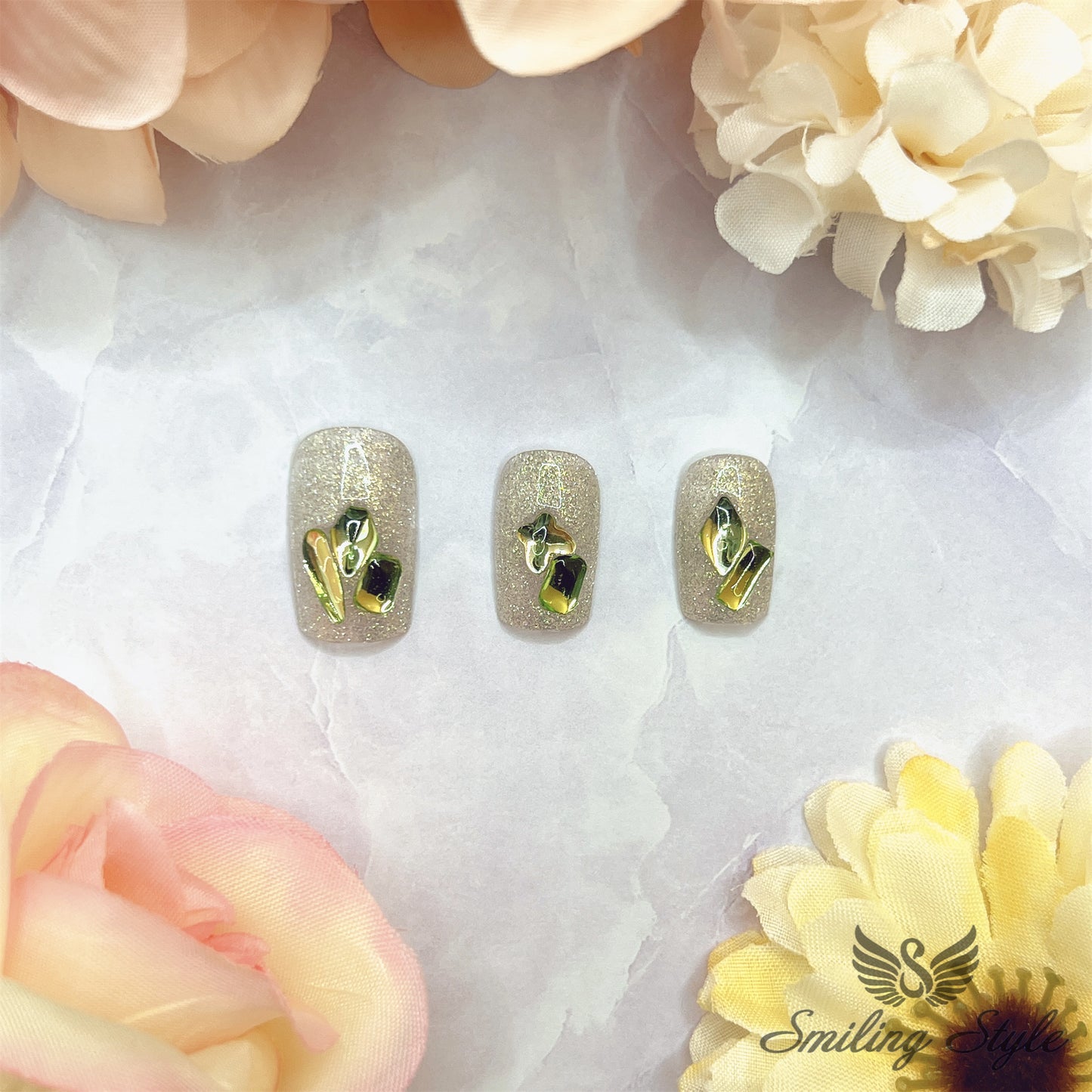 Green Grass Diamond Tears Press On Nails by SMILINGSTYLE | Luxury Fake Nails | Reusable Nails | Handmade Nails