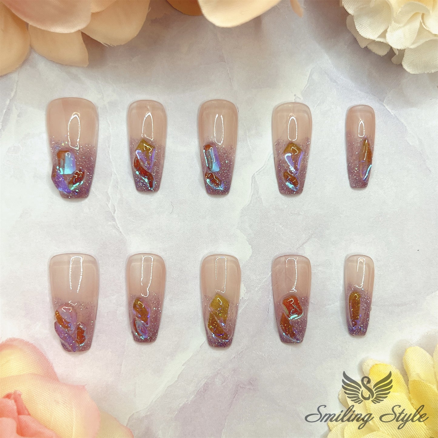 Purple Crystal Diamond Tears Press On Nails by SMILINGSTYLE | Luxury Fake Nails | Reusable Nails | Handmade Nails