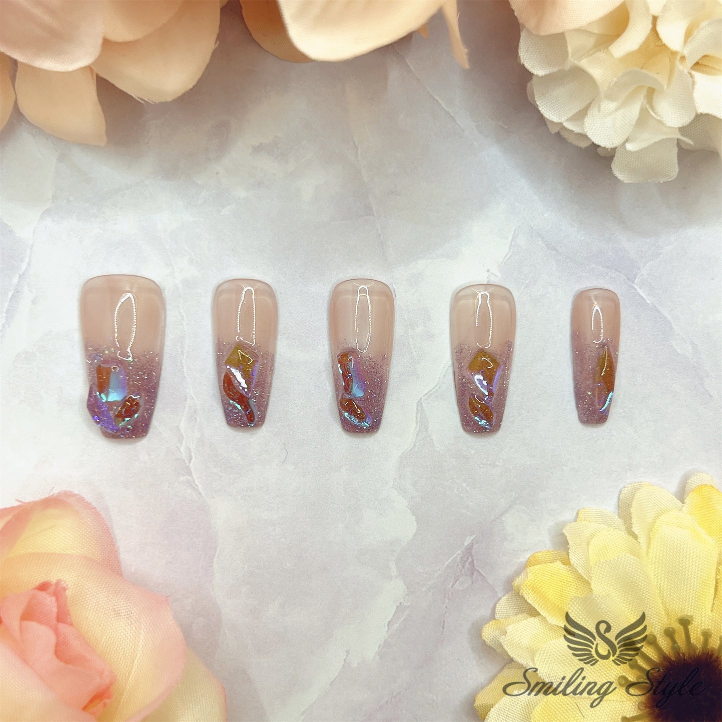 Purple Crystal Diamond Tears Press On Nails by SMILINGSTYLE | Luxury Fake Nails | Reusable Nails | Handmade Nails