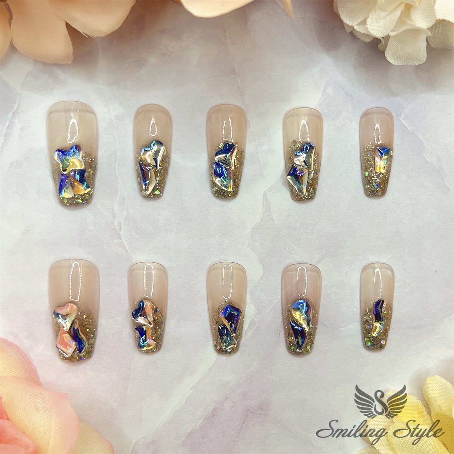 Frozen White Crystal Diamond Tears Press On Nails by SMILINGSTYLE | Luxury Fake Nails | Reusable Nails | Handmade Nails