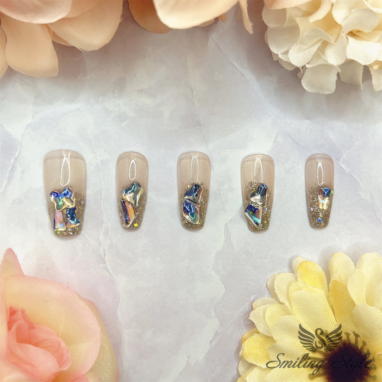Frozen White Crystal Diamond Tears Press On Nails by SMILINGSTYLE | Luxury Fake Nails | Reusable Nails | Handmade Nails