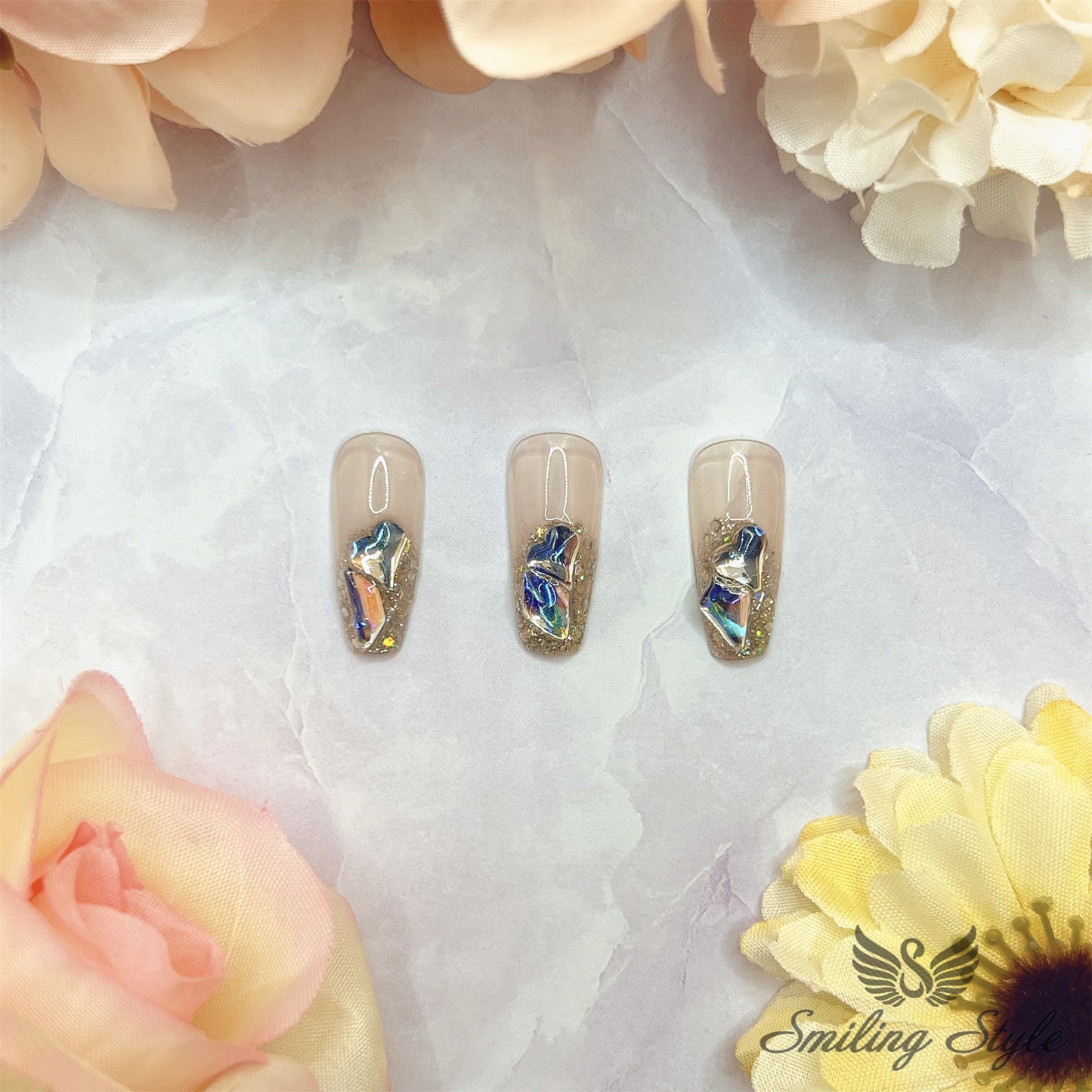 Frozen White Crystal Diamond Tears Press On Nails by SMILINGSTYLE | Luxury Fake Nails | Reusable Nails | Handmade Nails