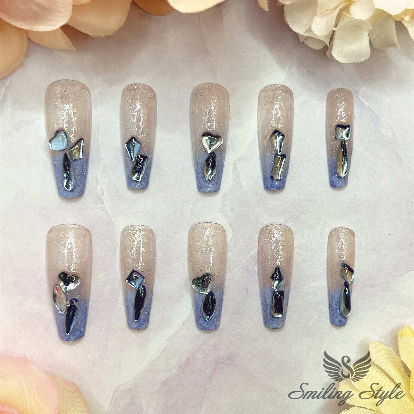 Sapphire Blue Crystal Diamond Tears Press On Nails by SMILINGSTYLE | Luxury Fake Nails | Reusable Nails | Handmade Nails
