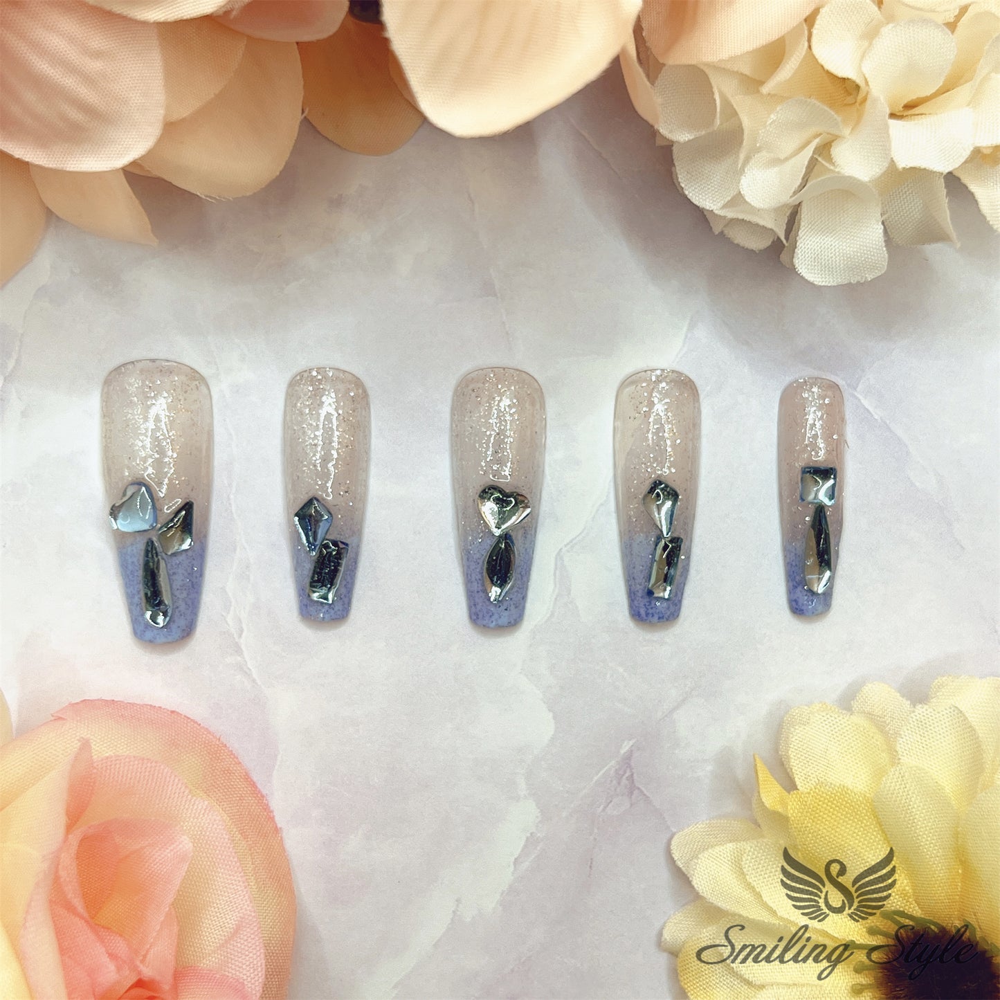 Sapphire Blue Crystal Diamond Tears Press On Nails by SMILINGSTYLE | Luxury Fake Nails | Reusable Nails | Handmade Nails