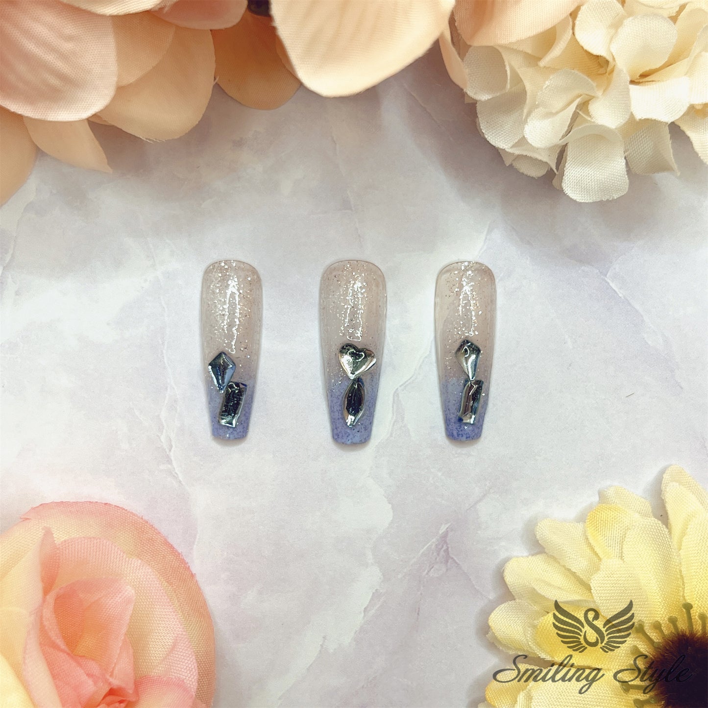 Sapphire Blue Crystal Diamond Tears Press On Nails by SMILINGSTYLE | Luxury Fake Nails | Reusable Nails | Handmade Nails