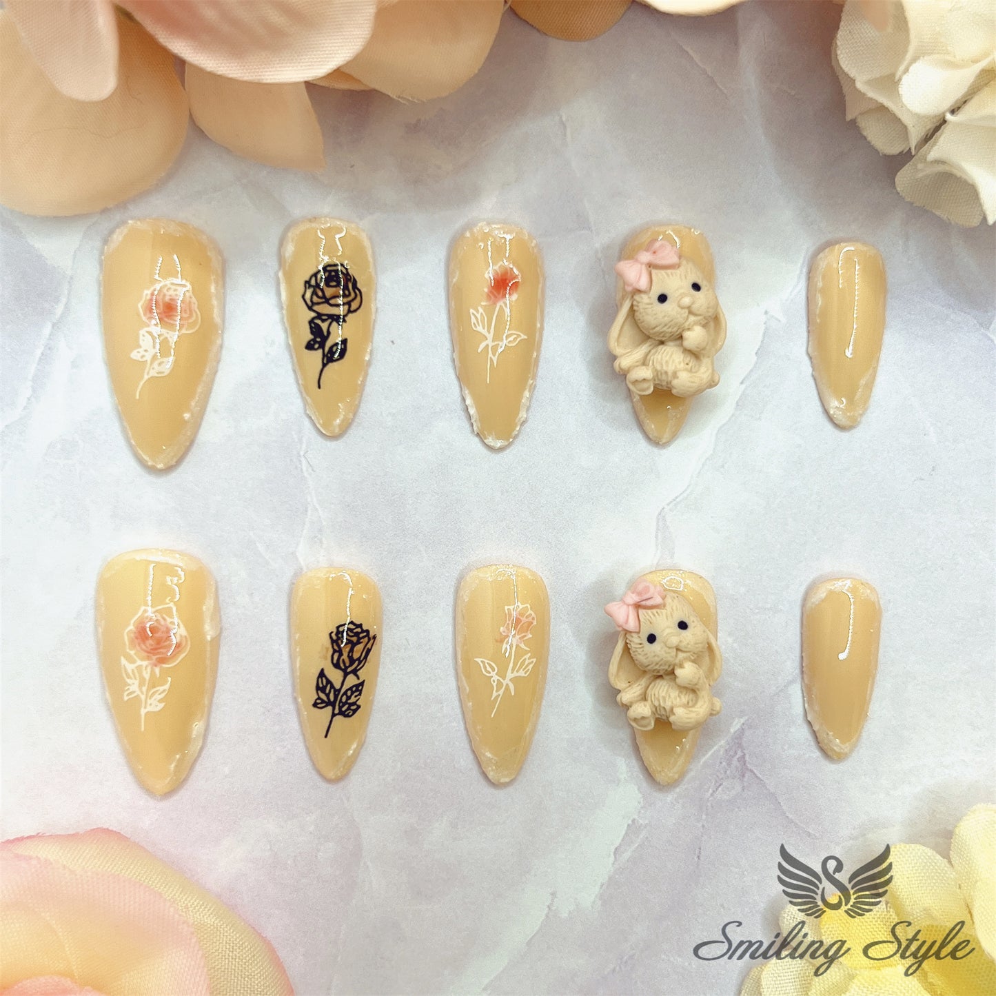 Little Off White Rabbit Press On Nails by SMILINGSTYLE | Luxury Fake Nails | Reusable Nails | Handmade Nails