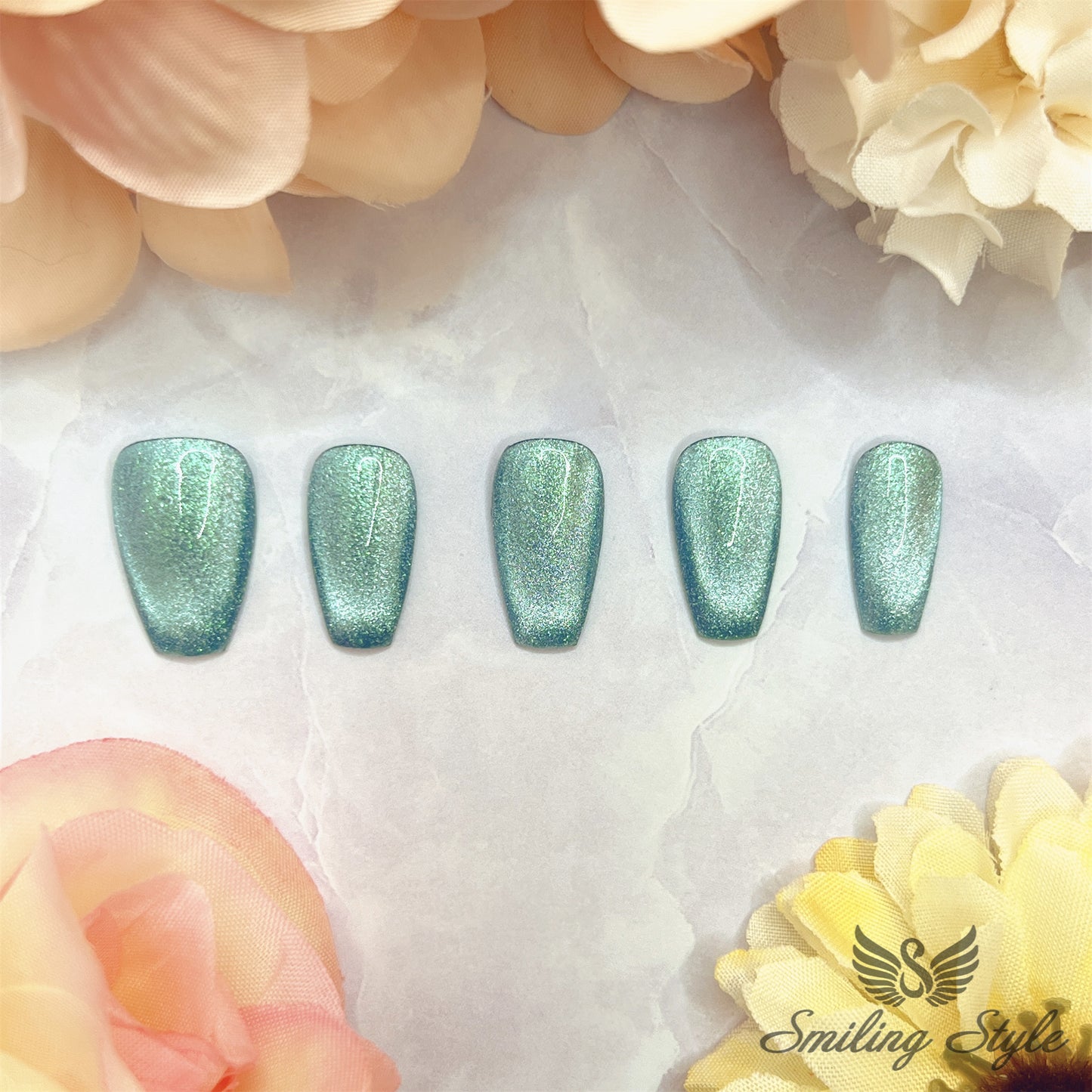 Blue Cat Eye Press On Nails by SMILINGSTYLE | Luxury Fake Nails | Reusable Nails | Handmade Nails