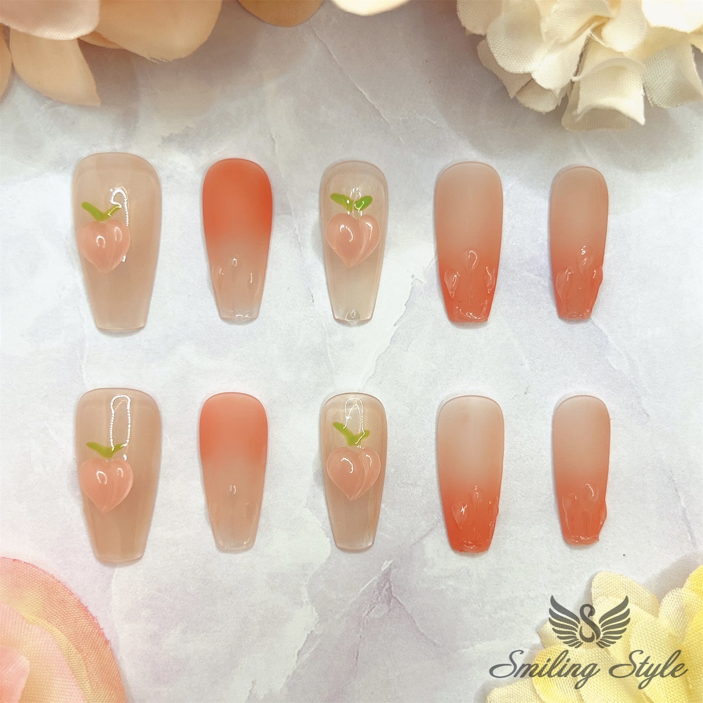 Pink Peachy Peach Girl Press On Nails by SMILINGSTYLE | Luxury Fake Nails | Reusable Nails | Handmade Nails