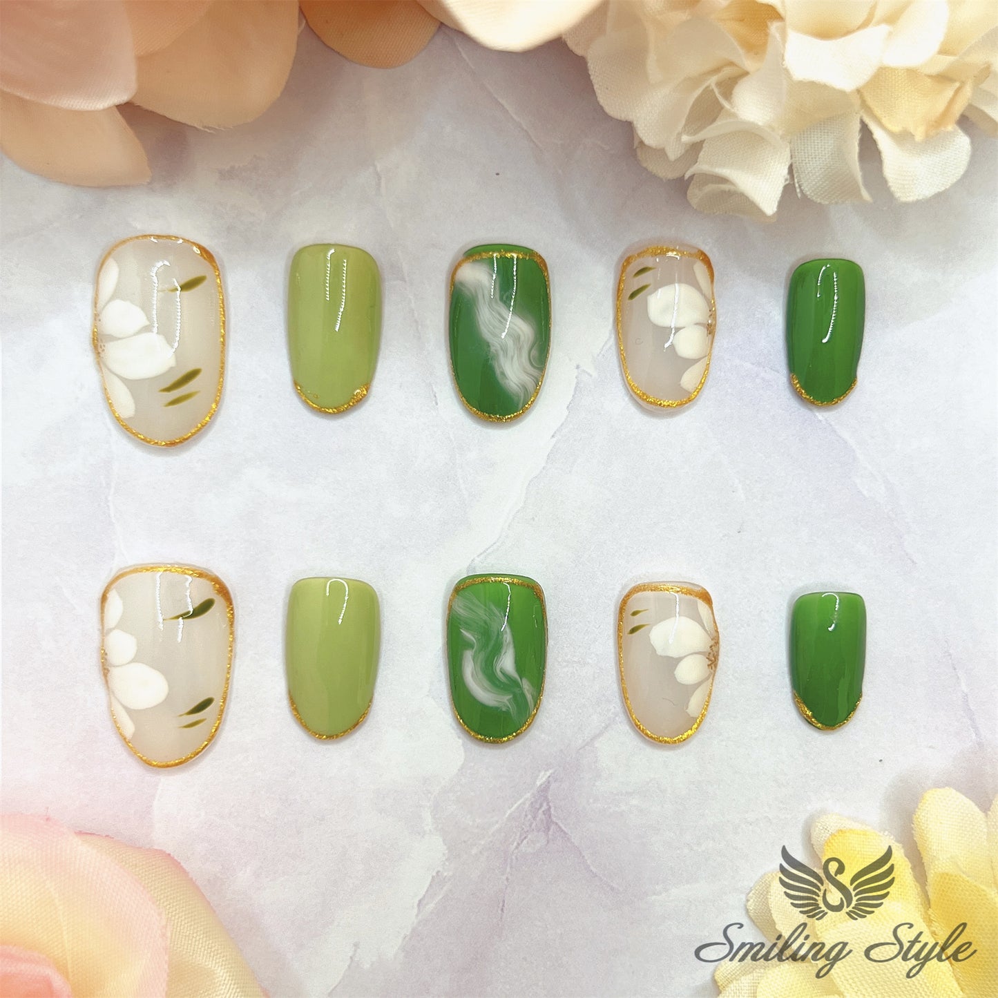 Green Jay Camellia Press On Nails by SMILINGSTYLE | Luxury Fake Nails | Reusable Nails | Handmade Nails