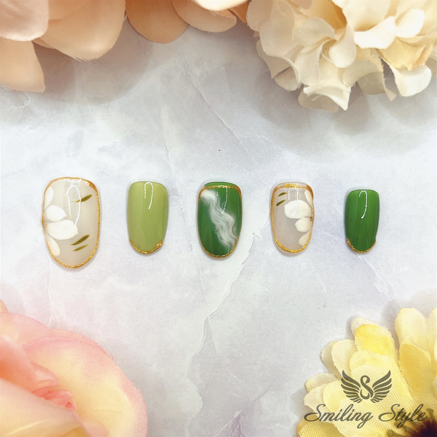 Green Jay Camellia Press On Nails by SMILINGSTYLE | Luxury Fake Nails | Reusable Nails | Handmade Nails