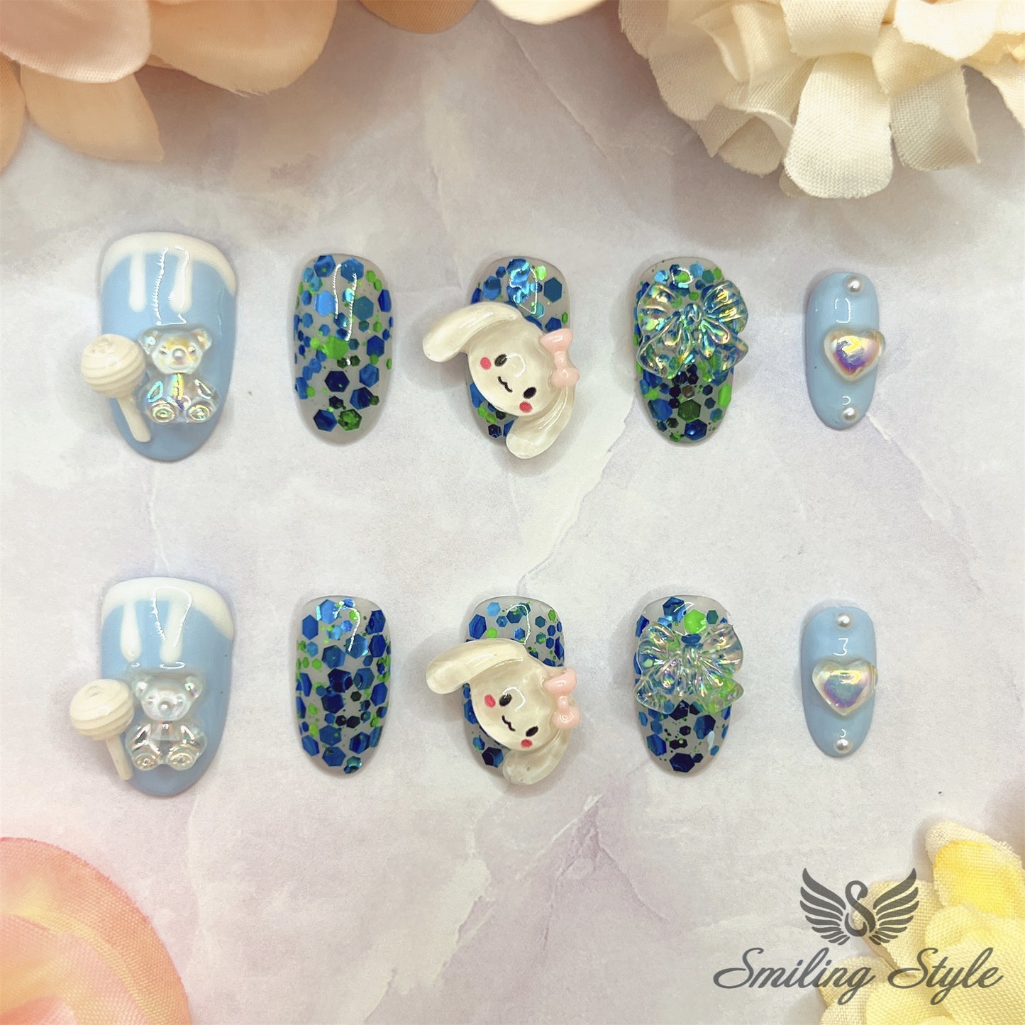 Little Candy Blue Baby Cinnamon Press On Nails by SMILINGSTYLE | Luxury Fake Nails | Reusable Nails | Handmade Nails