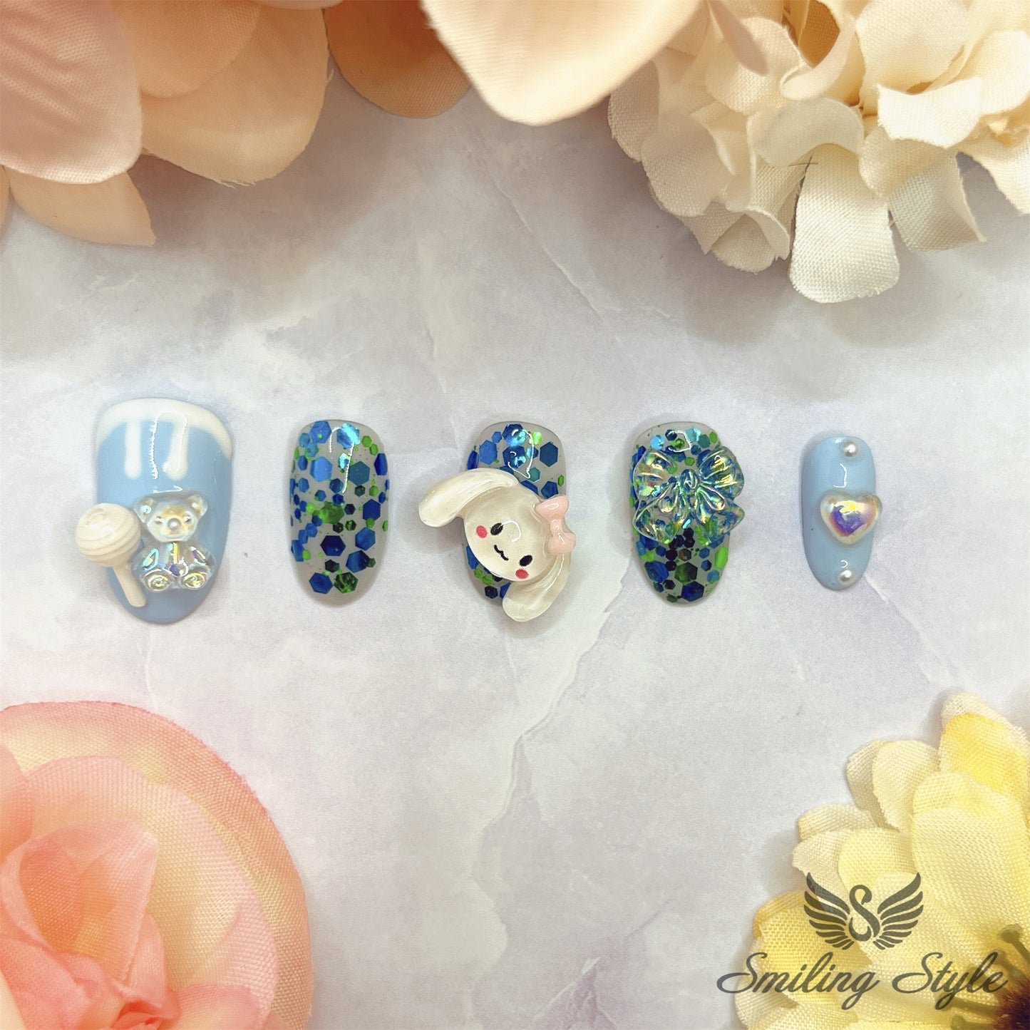 Little Candy Blue Baby Cinnamon Press On Nails by SMILINGSTYLE | Luxury Fake Nails | Reusable Nails | Handmade Nails