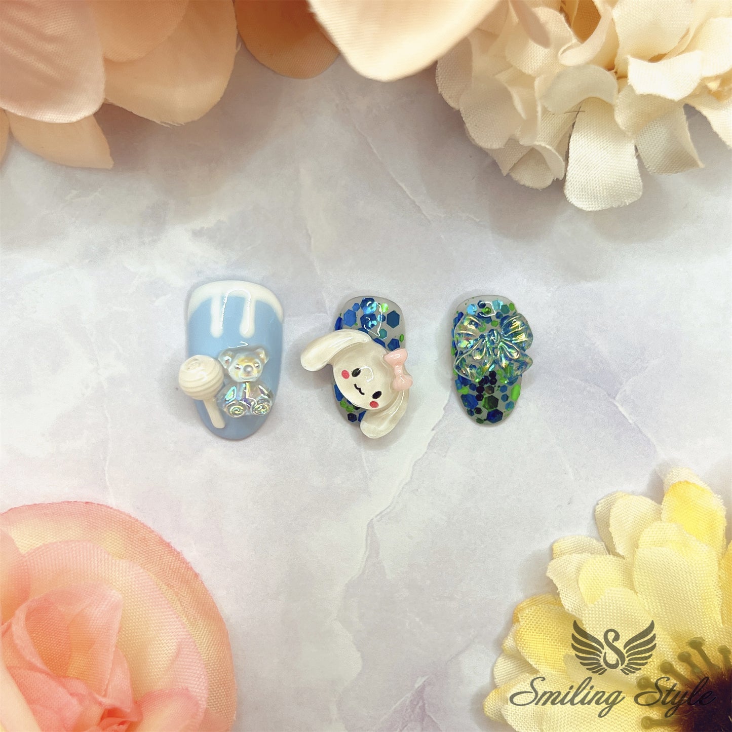 Little Candy Blue Baby Cinnamon Press On Nails by SMILINGSTYLE | Luxury Fake Nails | Reusable Nails | Handmade Nails