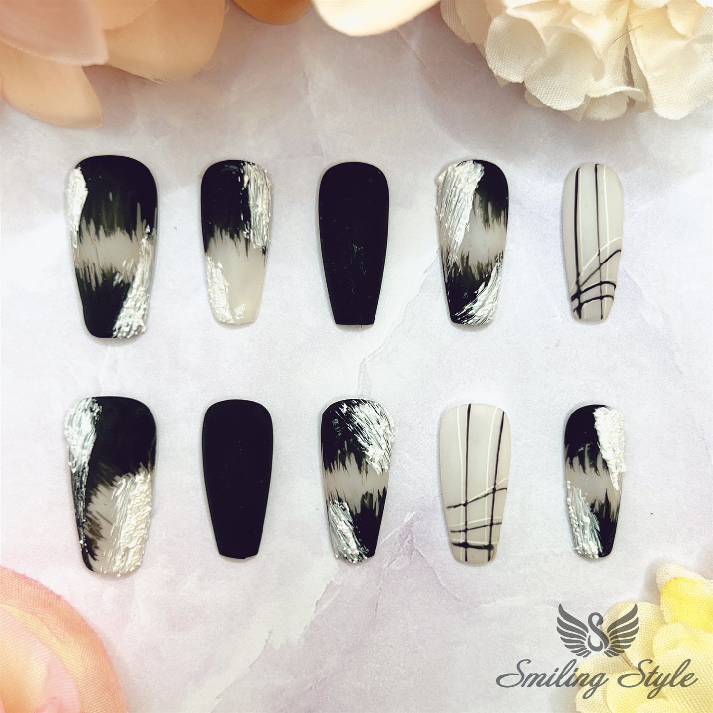Midnight Angel Wings Press On Nails by SMILINGSTYLE | Luxury Fake Nails | Reusable Nails | Handmade Nails