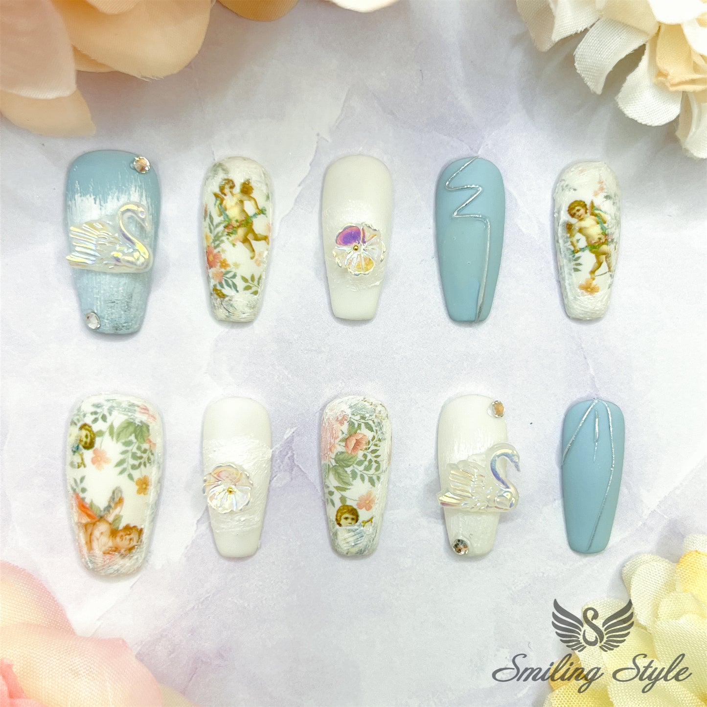 Little Blue White Swan Press On Nails by SMILINGSTYLE | Luxury Fake Nails | Reusable Nails | Handmade Nails