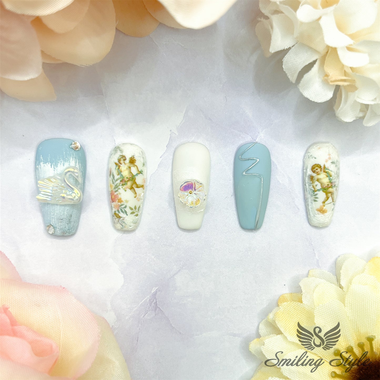 Little Blue White Swan Press On Nails by SMILINGSTYLE | Luxury Fake Nails | Reusable Nails | Handmade Nails