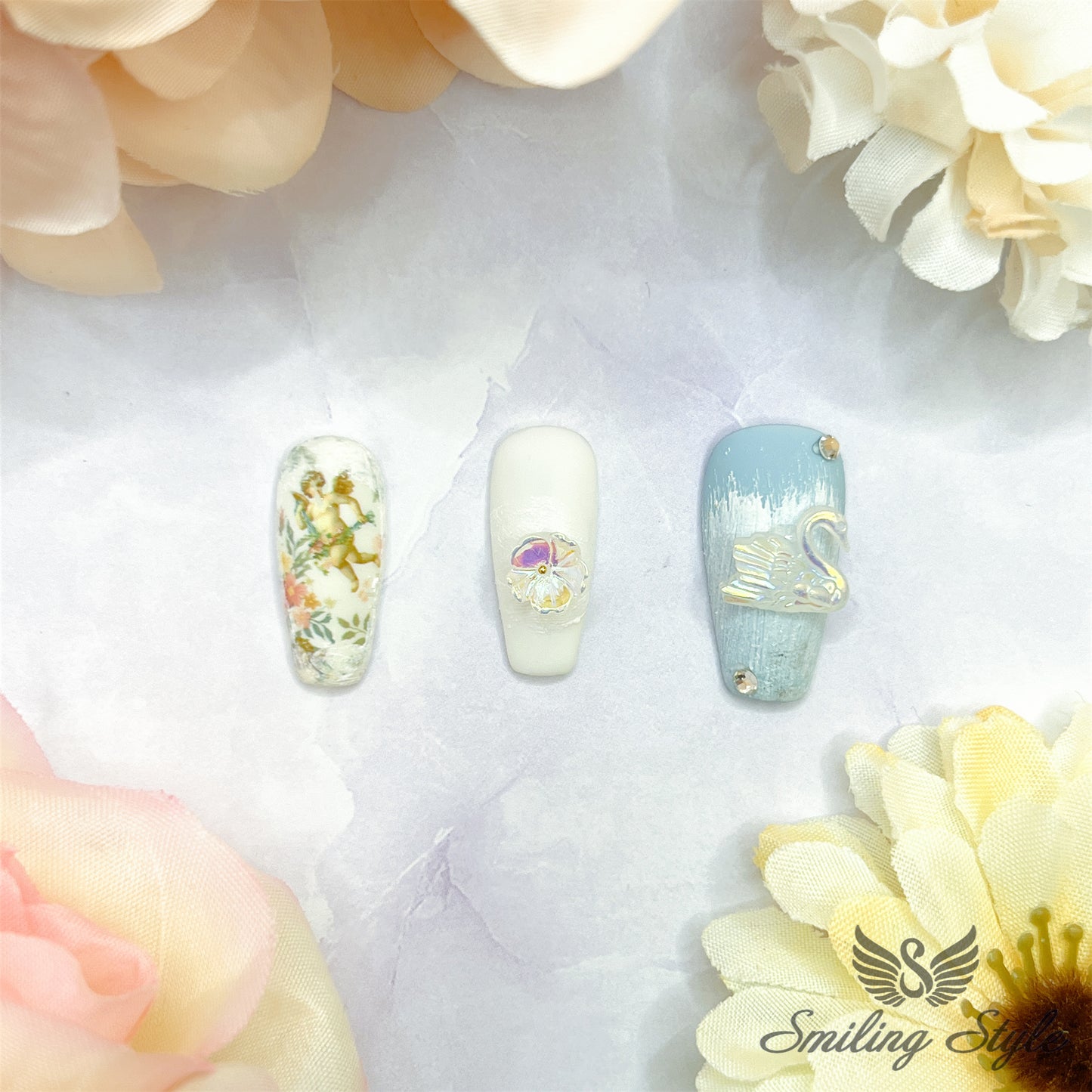 Little Blue White Swan Press On Nails by SMILINGSTYLE | Luxury Fake Nails | Reusable Nails | Handmade Nails