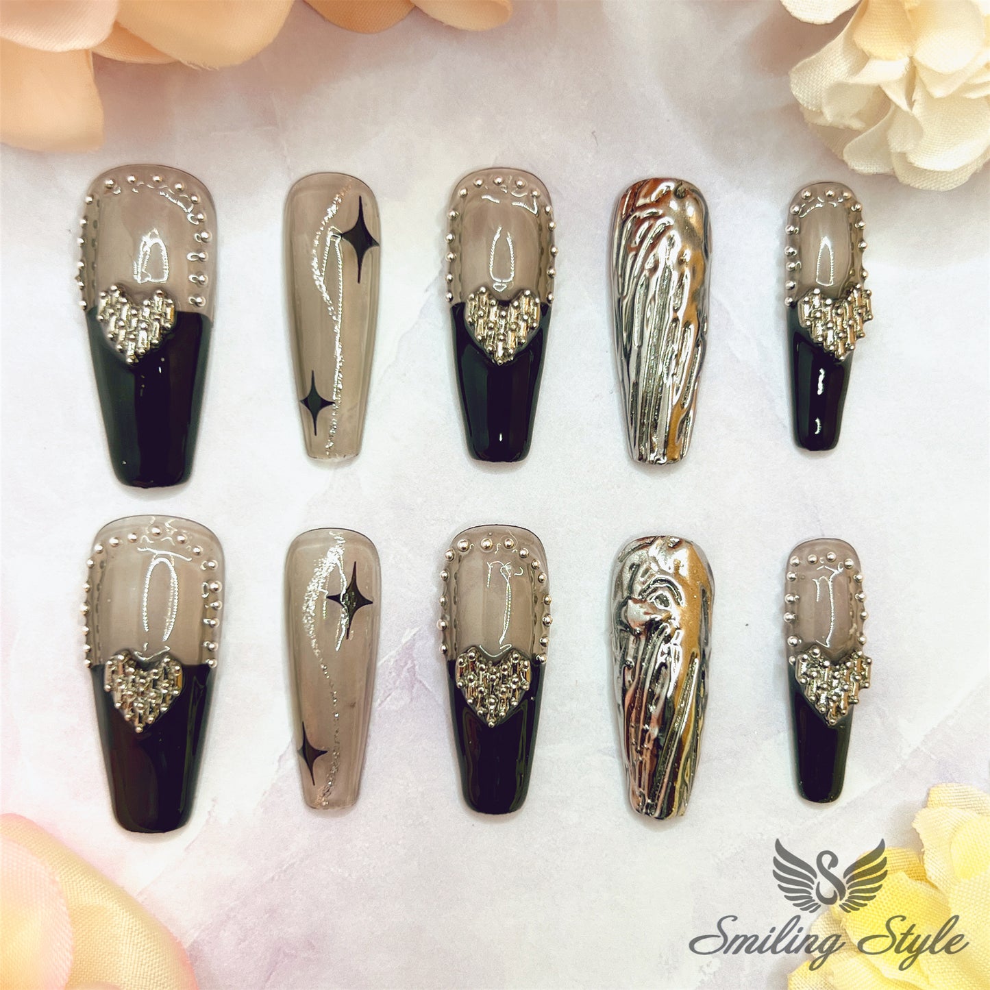 Small Black Steel Heart Ball Press On Nails by SMILINGSTYLE | Luxury Fake Nails | Reusable Nails | Handmade Nails