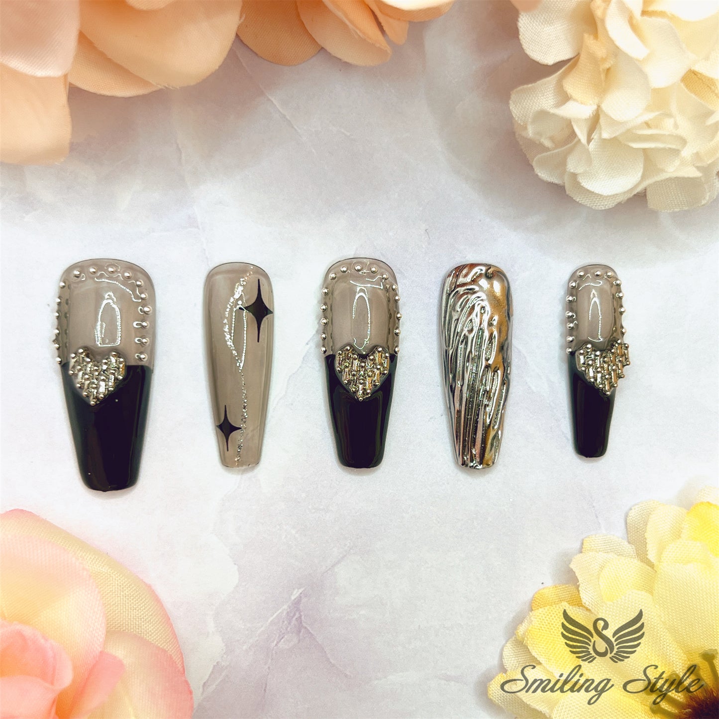 Small Black Steel Heart Ball Press On Nails by SMILINGSTYLE | Luxury Fake Nails | Reusable Nails | Handmade Nails
