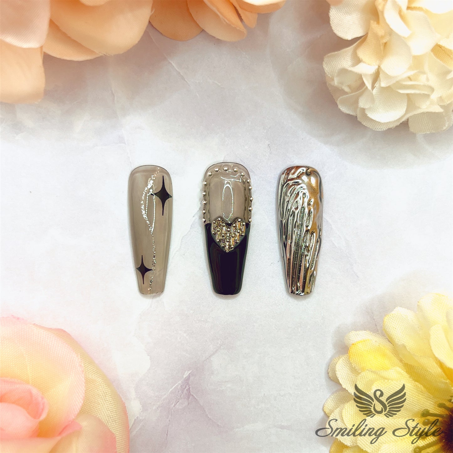Small Black Steel Heart Ball Press On Nails by SMILINGSTYLE | Luxury Fake Nails | Reusable Nails | Handmade Nails