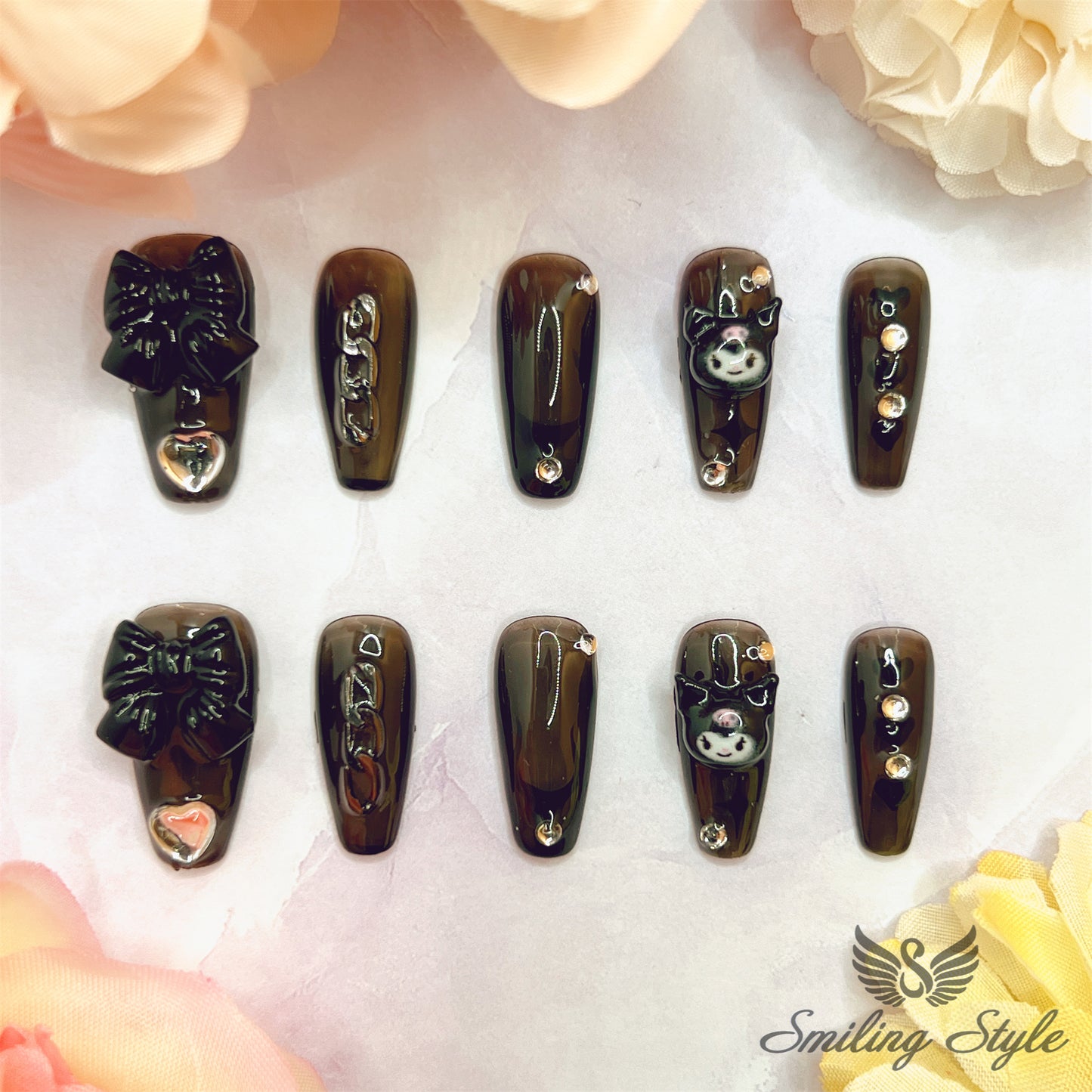 Black Bow Devil Kulomi Press On Nails by SMILINGSTYLE | Luxury Fake Nails | Reusable Nails | Handmade Nails