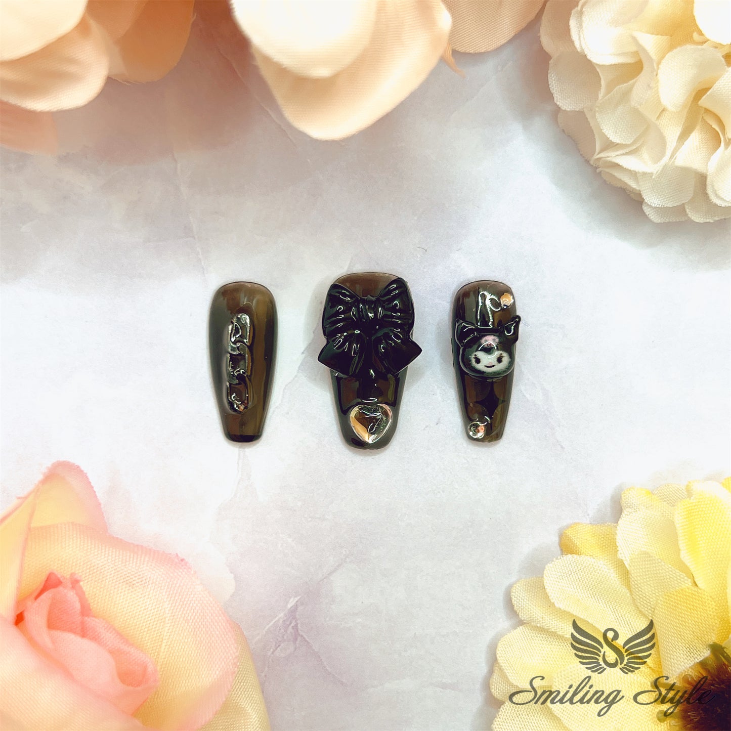 Black Bow Devil Kulomi Press On Nails by SMILINGSTYLE | Luxury Fake Nails | Reusable Nails | Handmade Nails