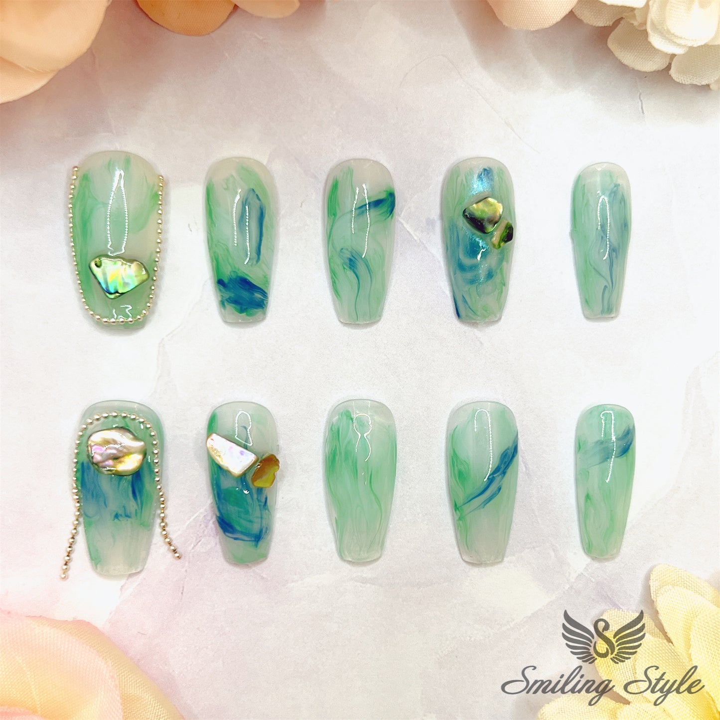 Sky Blue Bloom Press On Nails by SMILINGSTYLE | Luxury Fake Nails | Reusable Nails | Handmade Nails