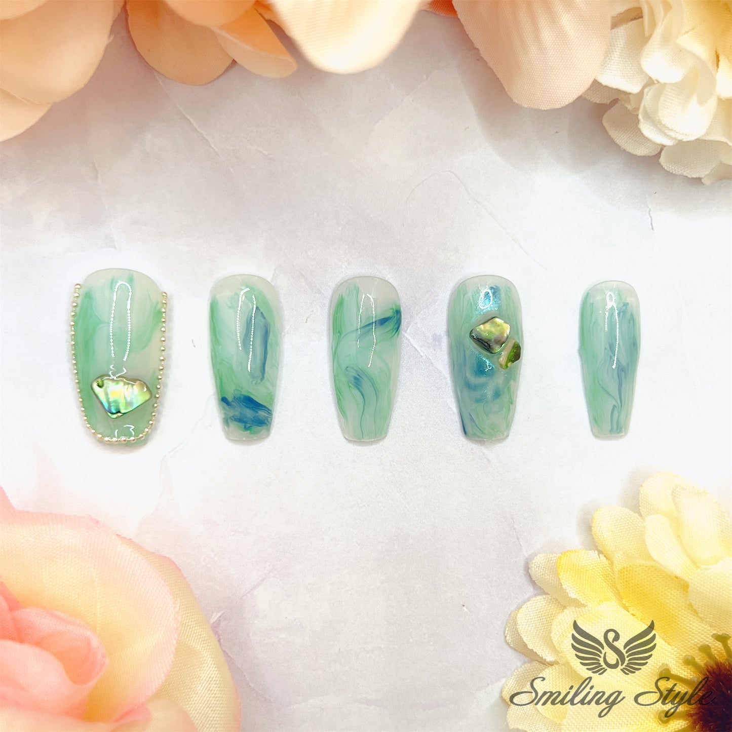 Sky Blue Bloom Press On Nails by SMILINGSTYLE | Luxury Fake Nails | Reusable Nails | Handmade Nails