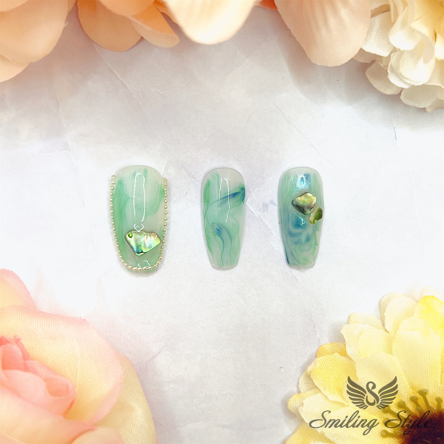 Sky Blue Bloom Press On Nails by SMILINGSTYLE | Luxury Fake Nails | Reusable Nails | Handmade Nails