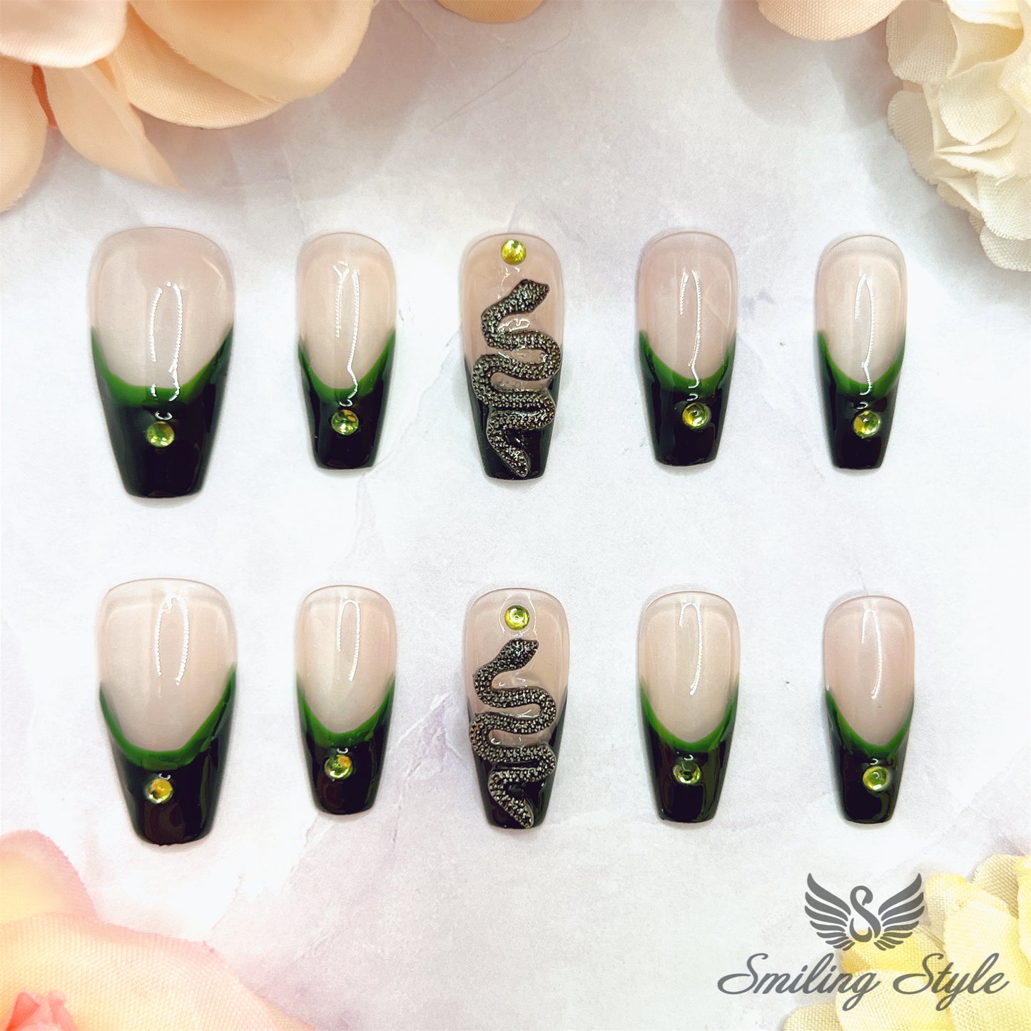 French Black Snake Press On Nails by SMILINGSTYLE | Luxury Fake Nails | Reusable Nails | Handmade Nails