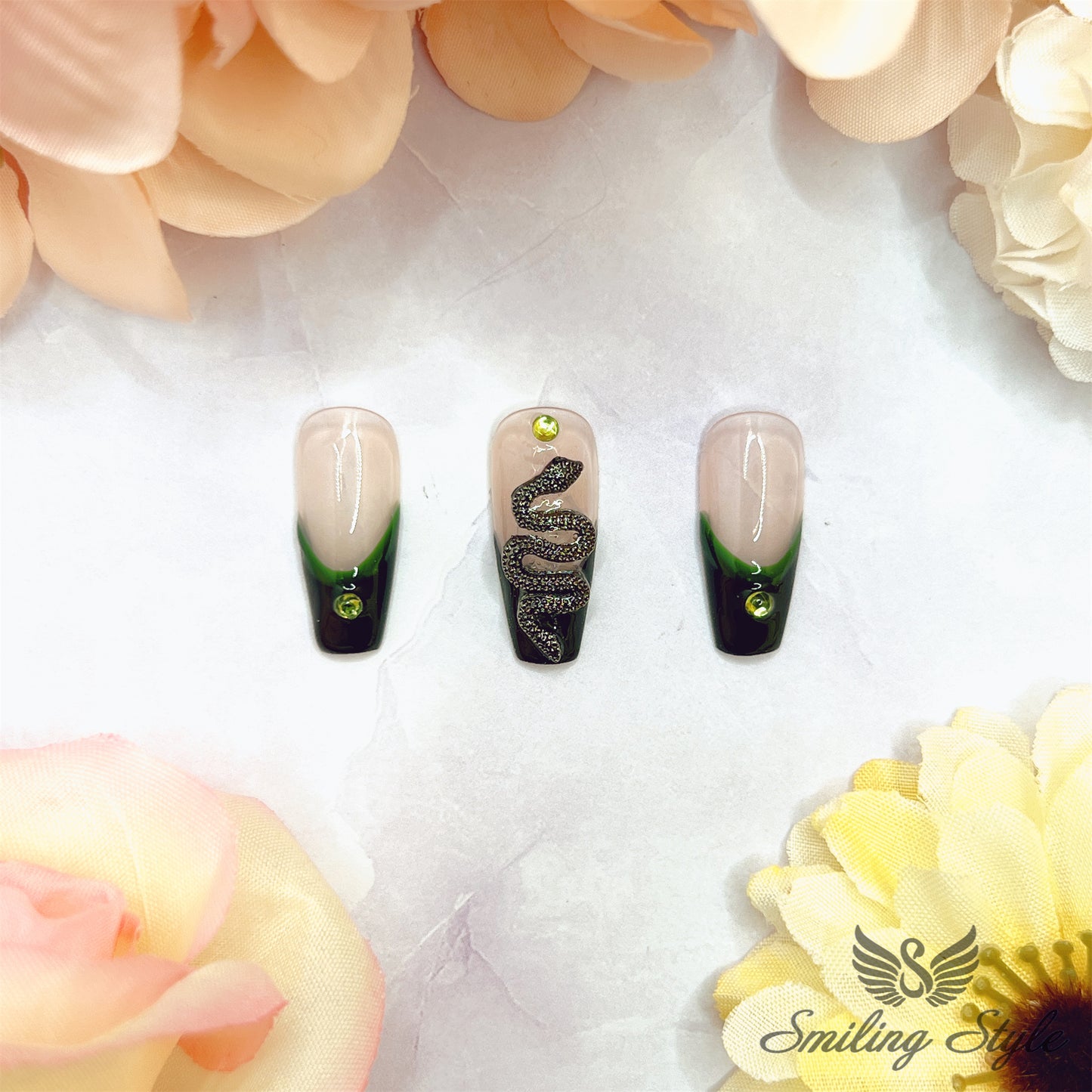 French Black Snake Press On Nails by SMILINGSTYLE | Luxury Fake Nails | Reusable Nails | Handmade Nails