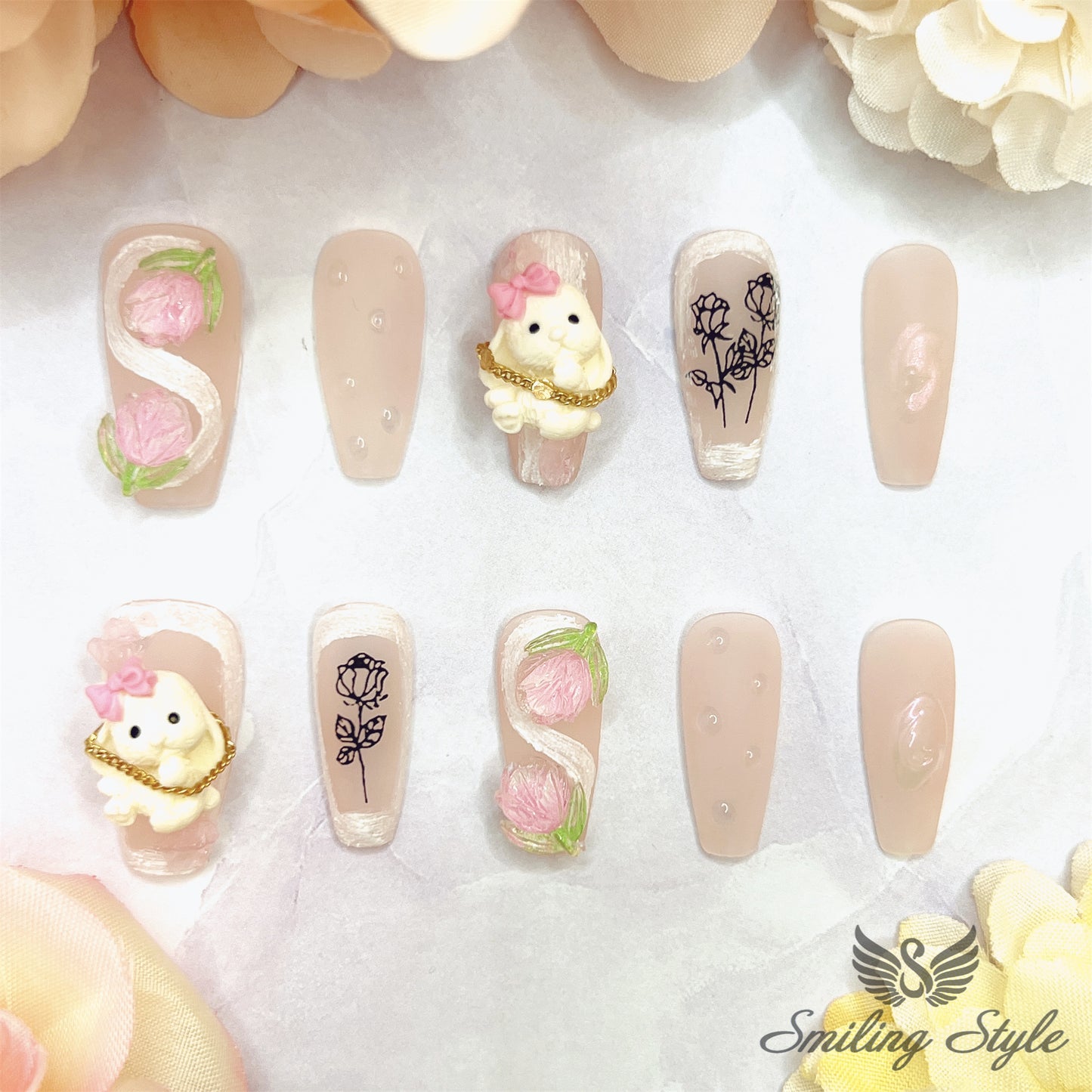 Big Rose Bunny Press On Nails by SMILINGSTYLE | Luxury Fake Nails | Reusable Nails | Handmade Nails