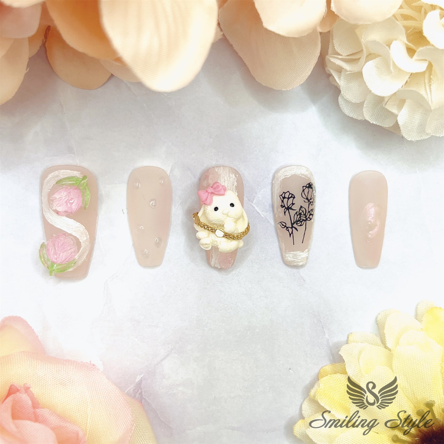 Big Rose Bunny Press On Nails by SMILINGSTYLE | Luxury Fake Nails | Reusable Nails | Handmade Nails