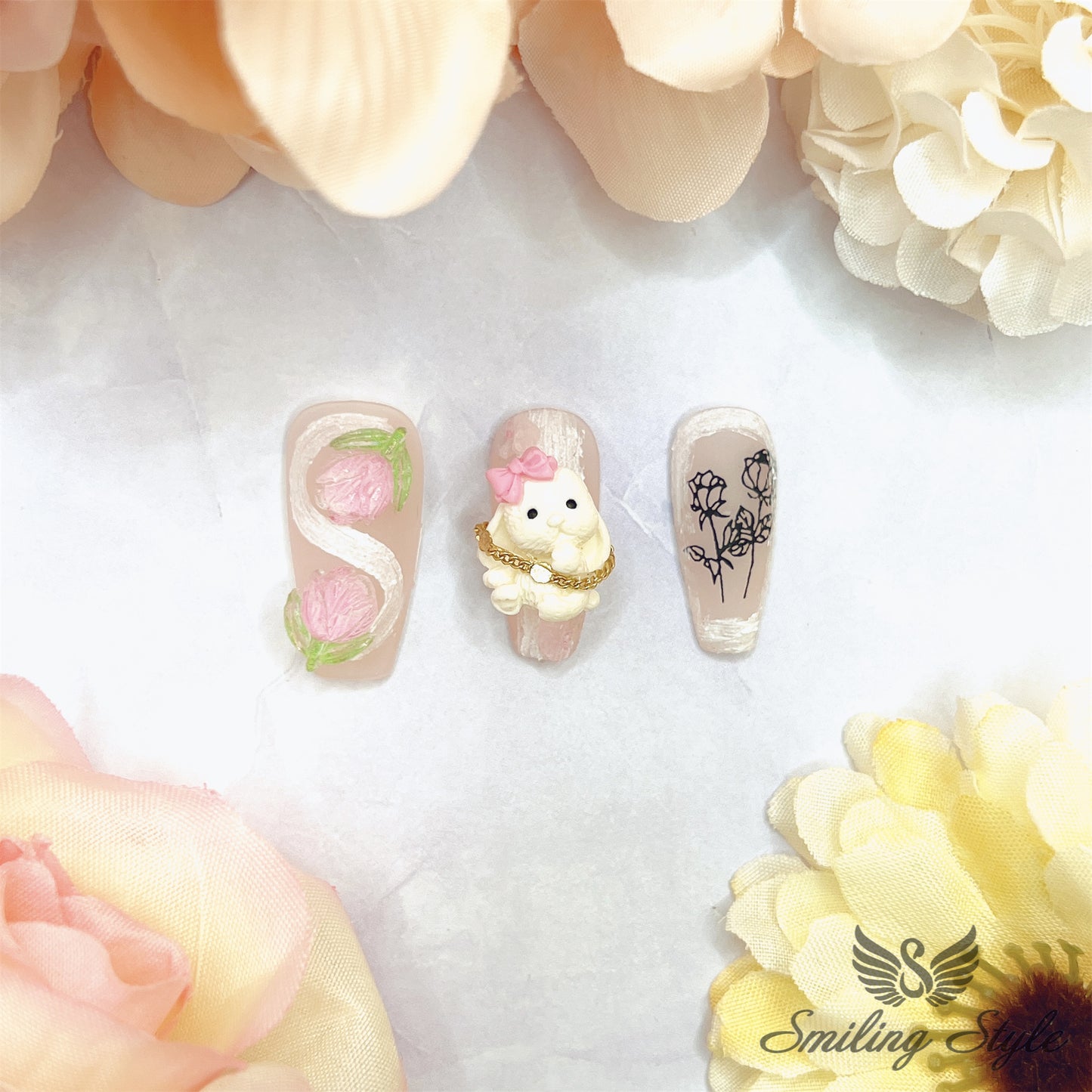Big Rose Bunny Press On Nails by SMILINGSTYLE | Luxury Fake Nails | Reusable Nails | Handmade Nails
