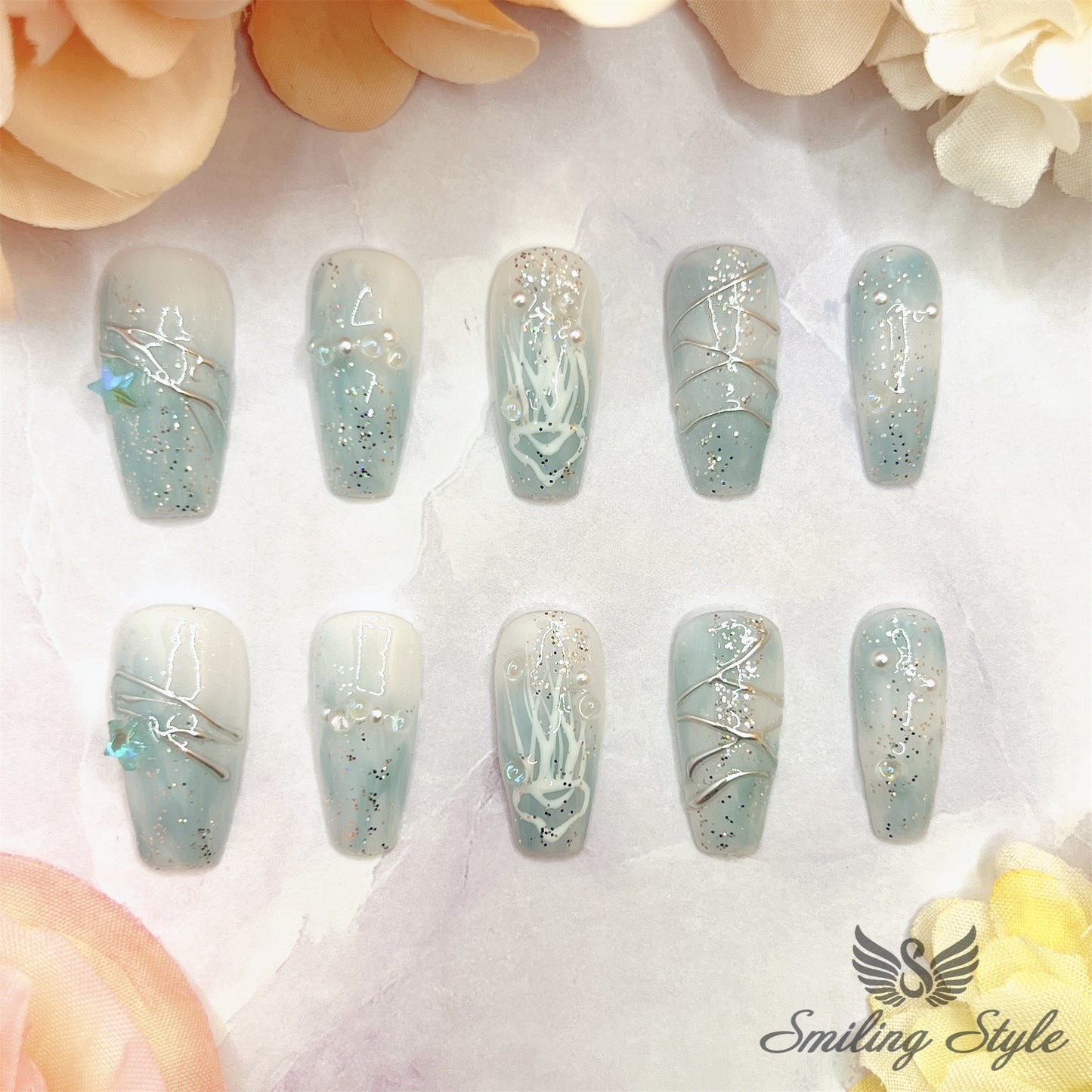 Gradient Blue Jellyfish Press On Nails by SMILINGSTYLE | Luxury Fake Nails | Reusable Nails | Handmade Nails