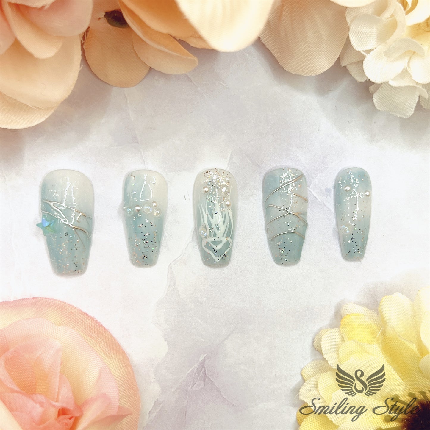 Gradient Blue Jellyfish Press On Nails by SMILINGSTYLE | Luxury Fake Nails | Reusable Nails | Handmade Nails