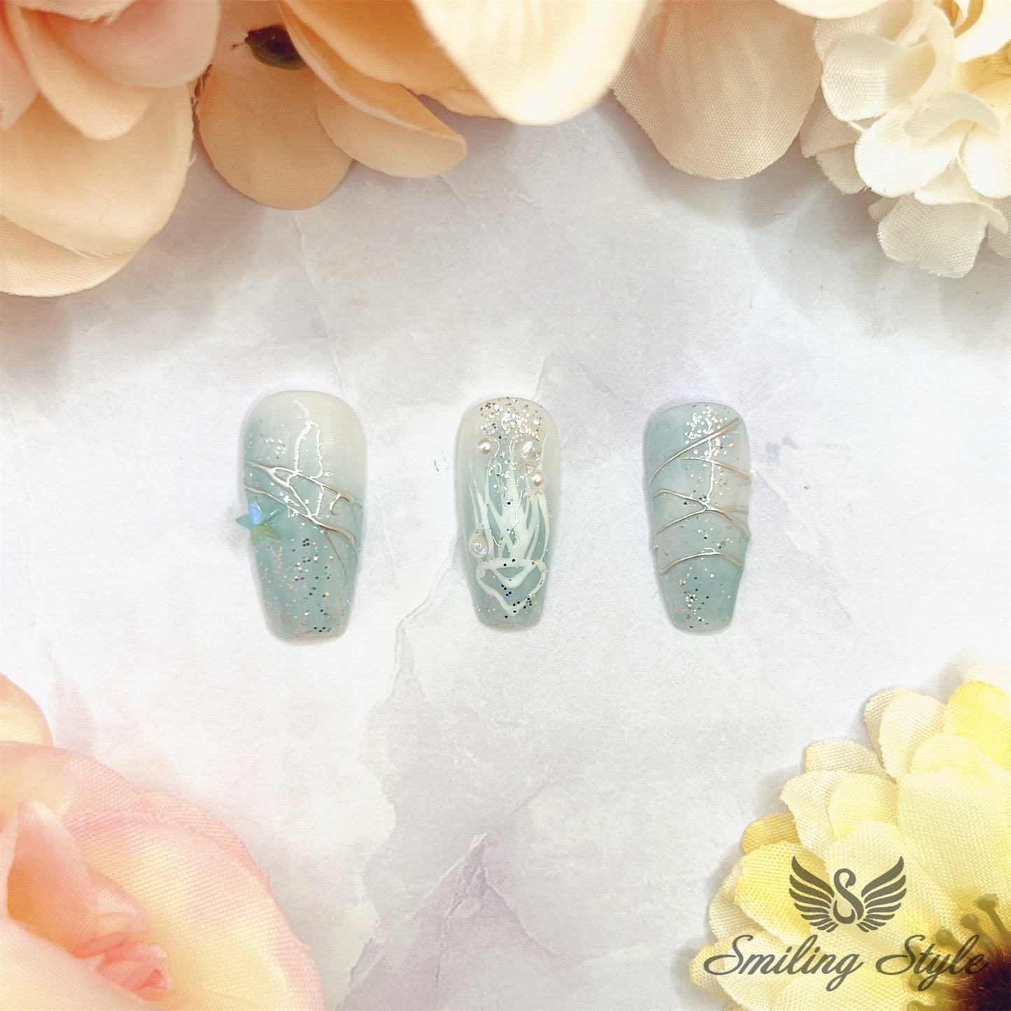 Gradient Blue Jellyfish Press On Nails by SMILINGSTYLE | Luxury Fake Nails | Reusable Nails | Handmade Nails