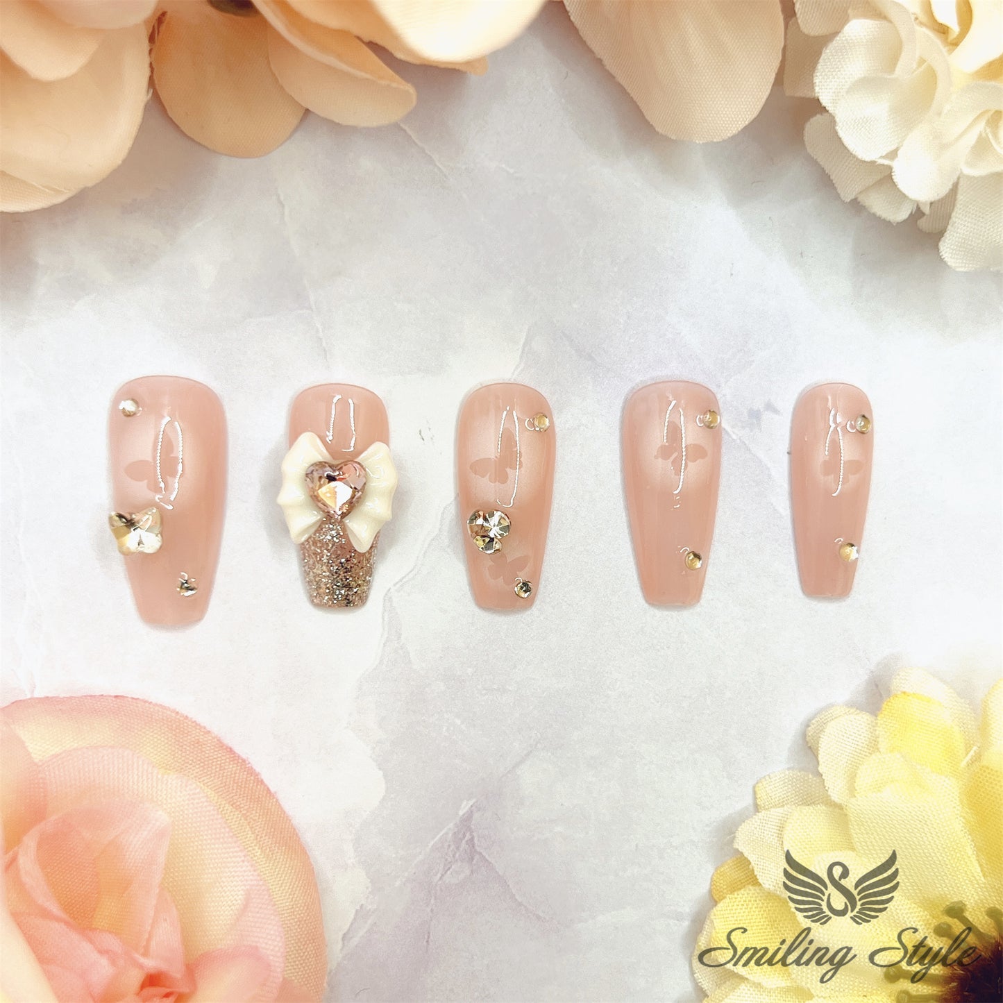 Big Pink Bow Butterflies Press On Nails by SMILINGSTYLE | Luxury Fake Nails | Reusable Nails | Handmade Nails