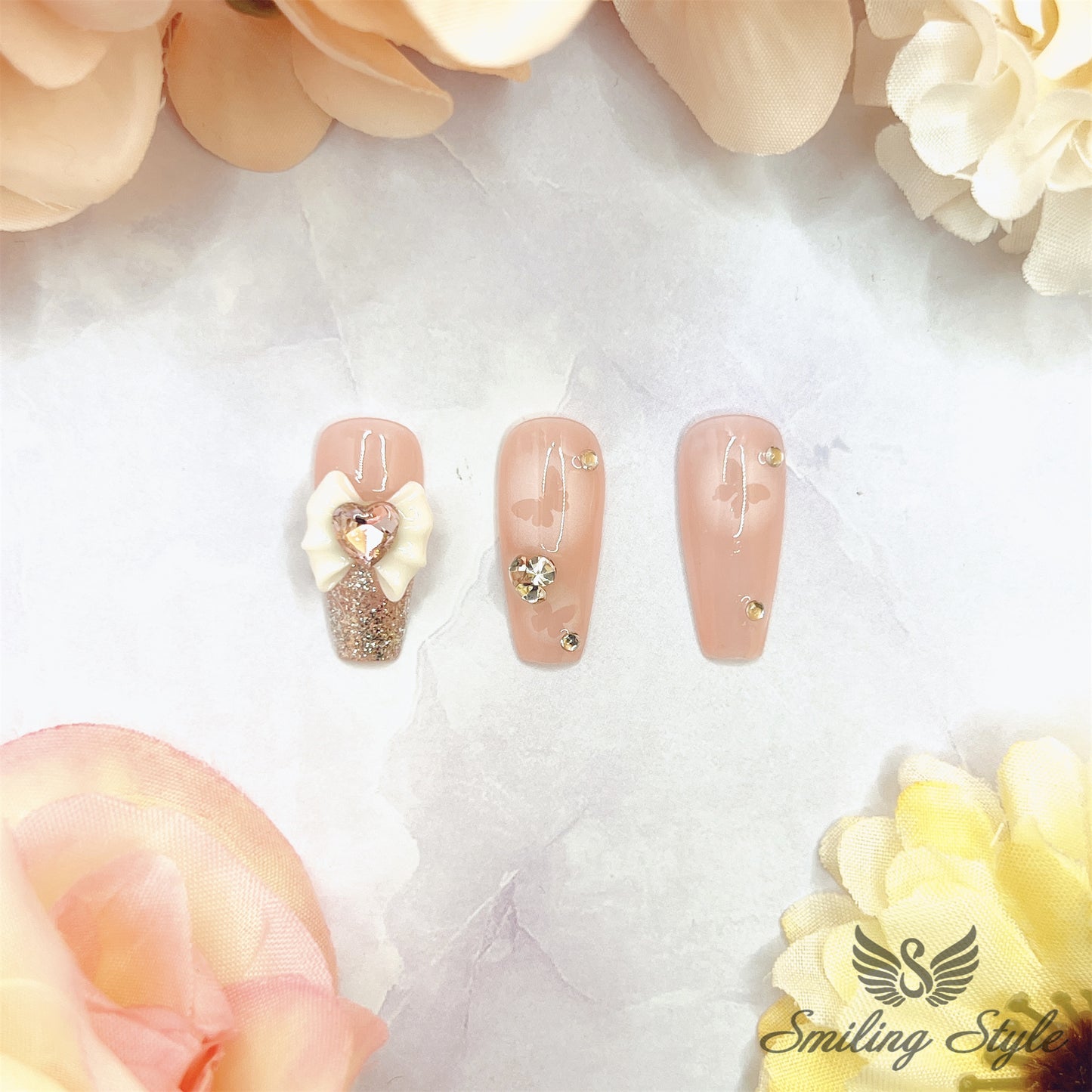 Big Pink Bow Butterflies Press On Nails by SMILINGSTYLE | Luxury Fake Nails | Reusable Nails | Handmade Nails