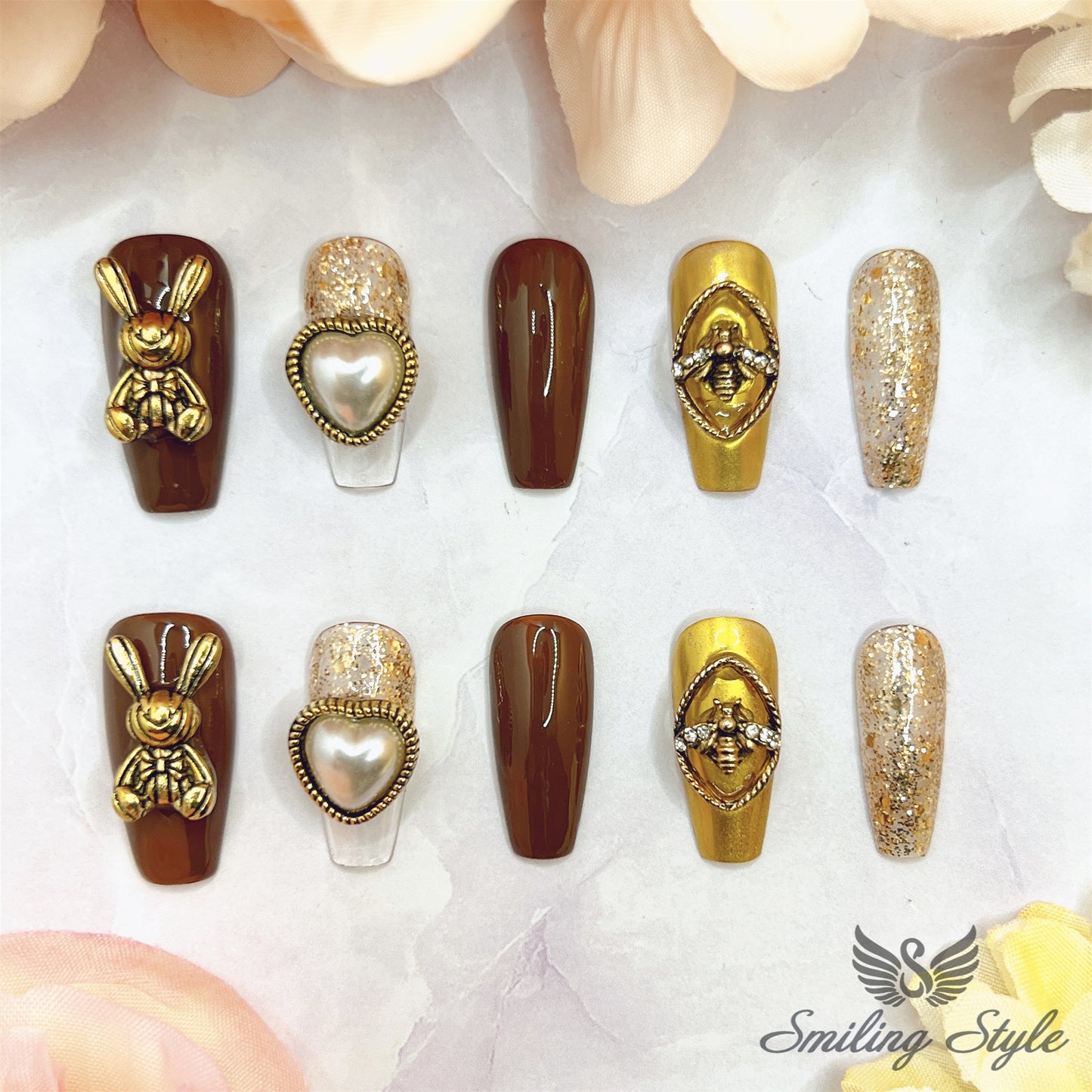 Golden Bunny Boo Press On Nails by SMILINGSTYLE | Luxury Fake Nails | Reusable Nails | Handmade Nails
